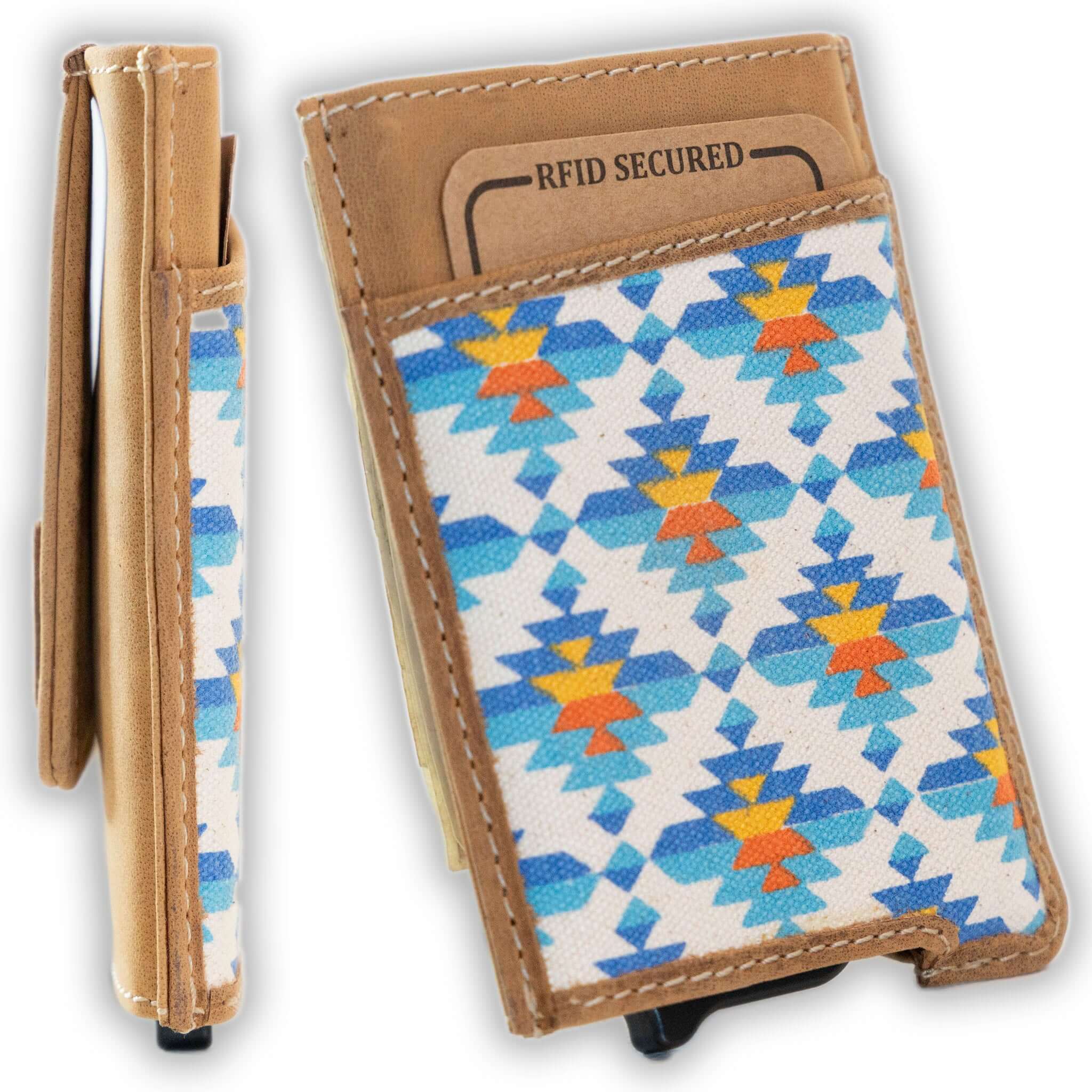 Aztec pop-up wallet with strong magnetic clip, full grain leather, RFID protection, and embossed UC Leather branding
