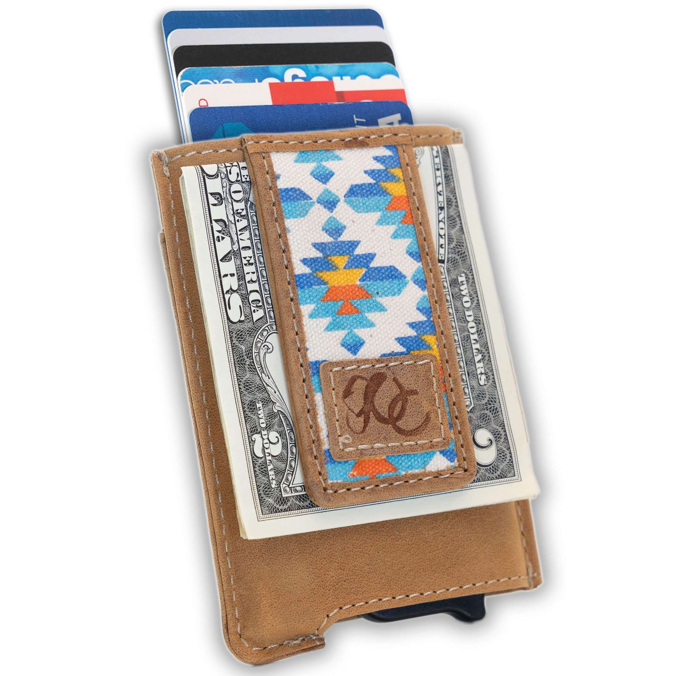 Aztec pop-up wallet with strong magnetic clip, full grain leather, RFID protection, and embossed UC Leather branding