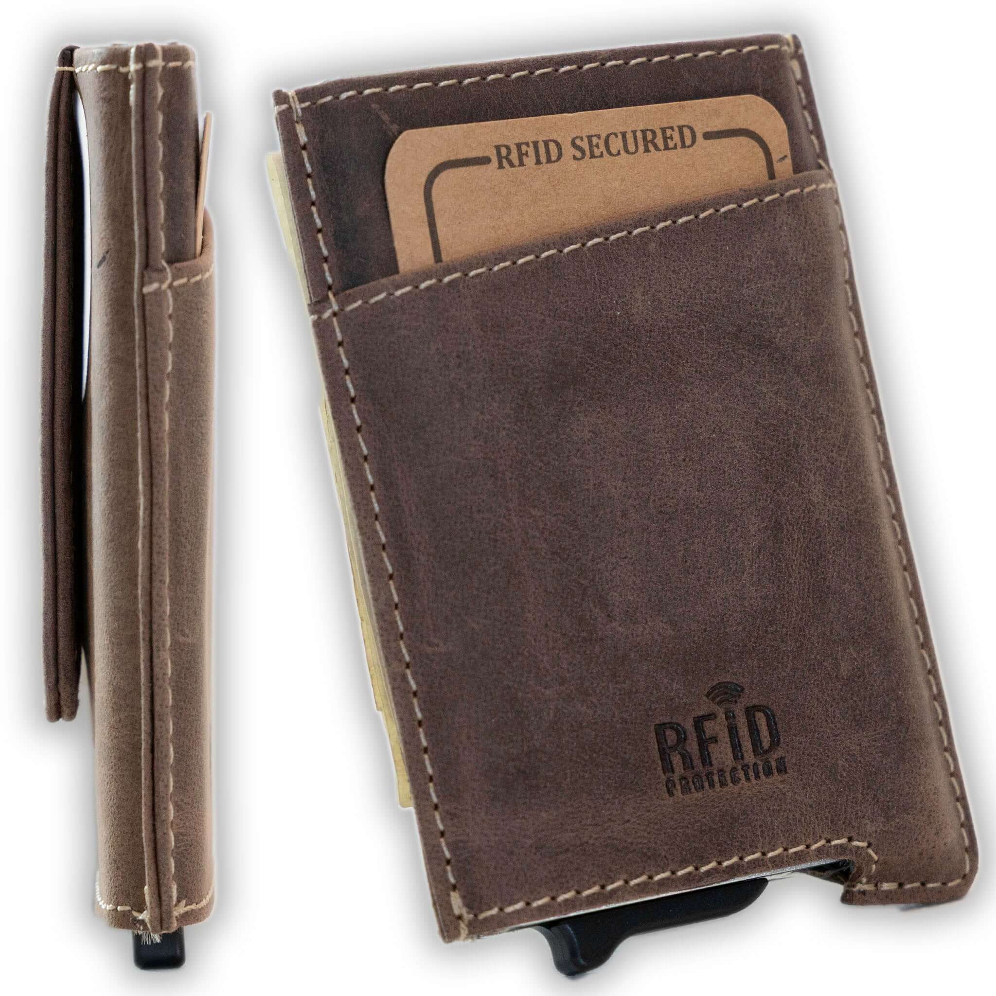 Dark Brown pop-up wallet with strong magnetic clip, full grain leather, RFID protection, and embossed UC Leather branding