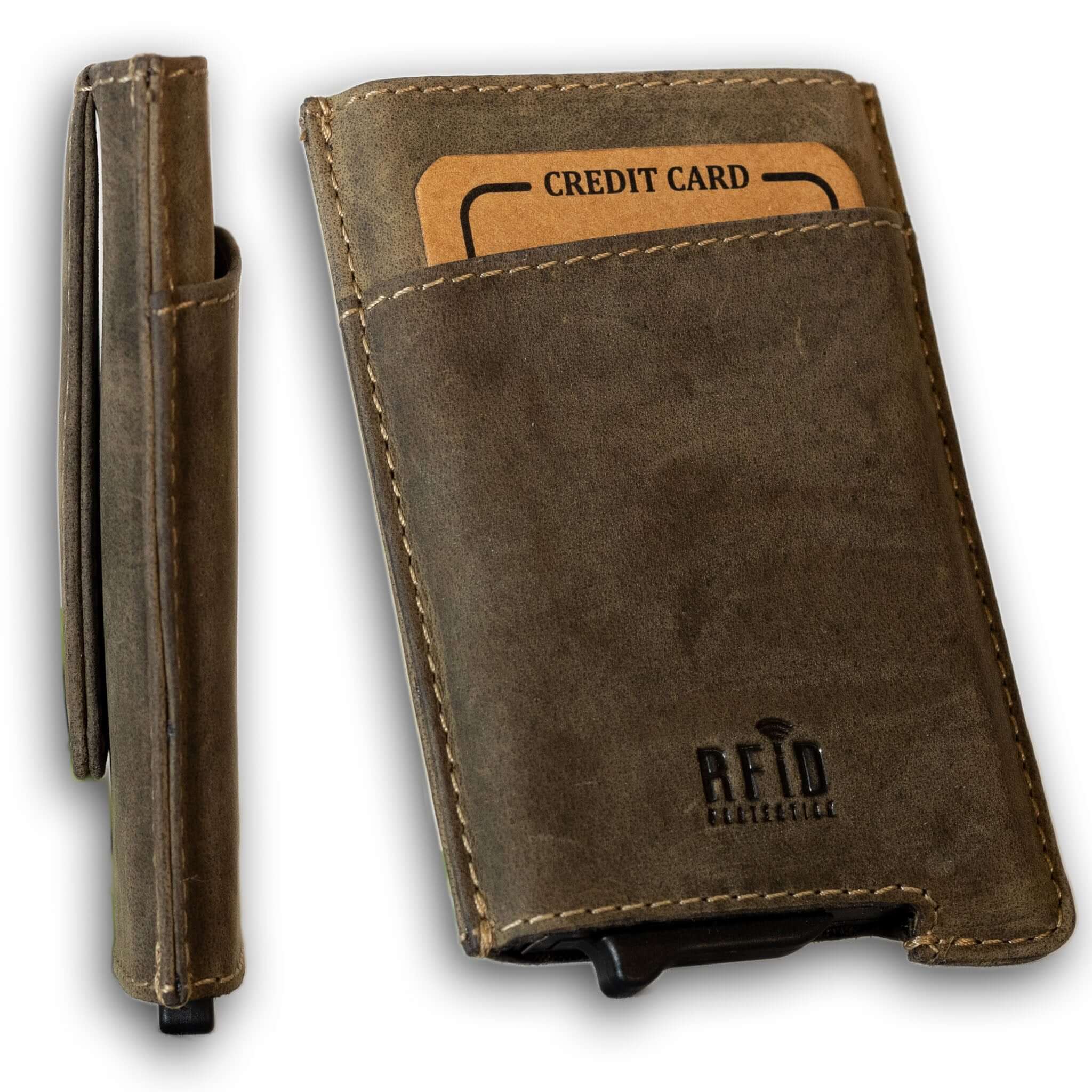 Olive pop-up wallet with strong magnetic clip, full grain leather, RFID protection, and embossed UC Leather branding