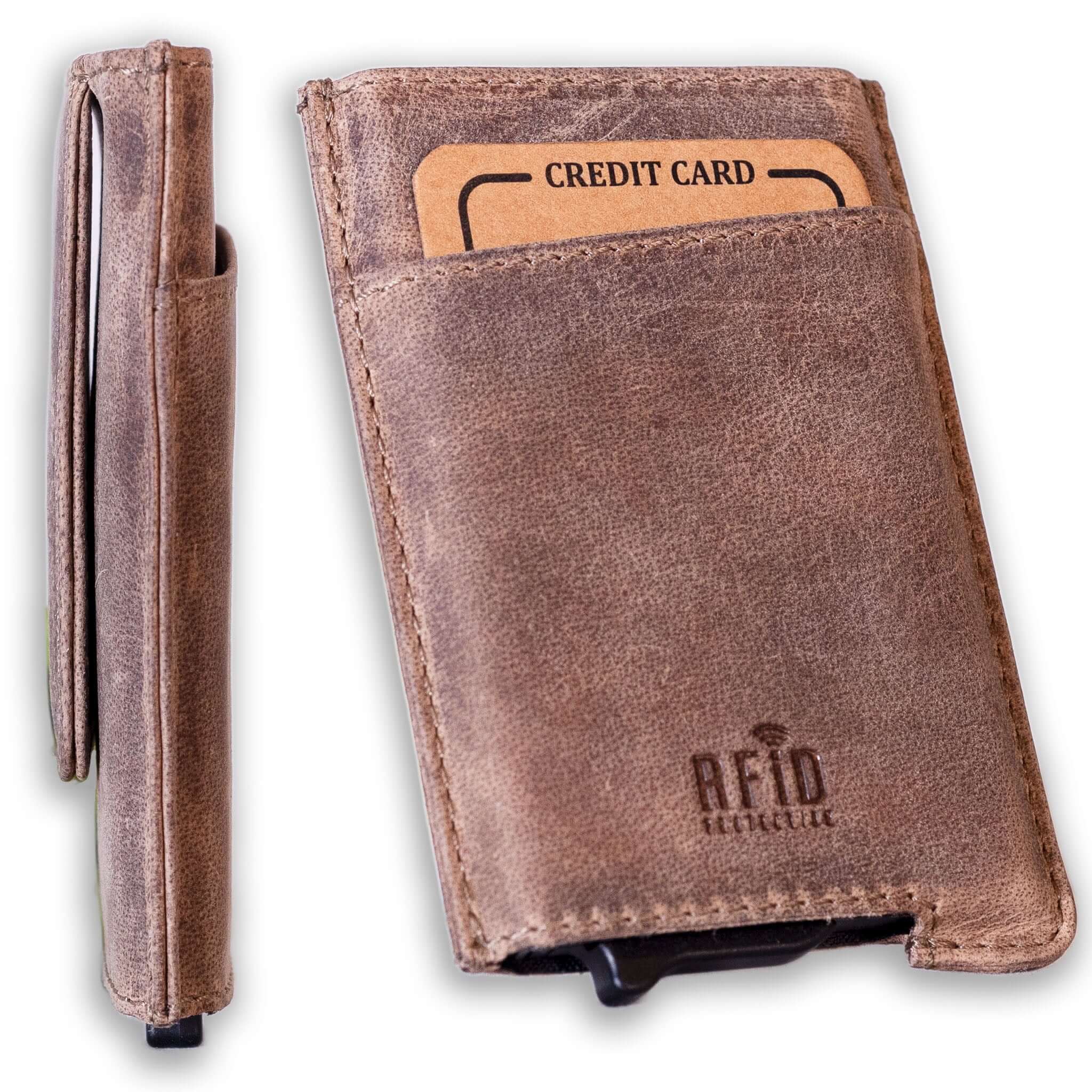 Sand pop-up wallet with strong magnetic clip, full grain leather, RFID protection, and embossed UC Leather branding