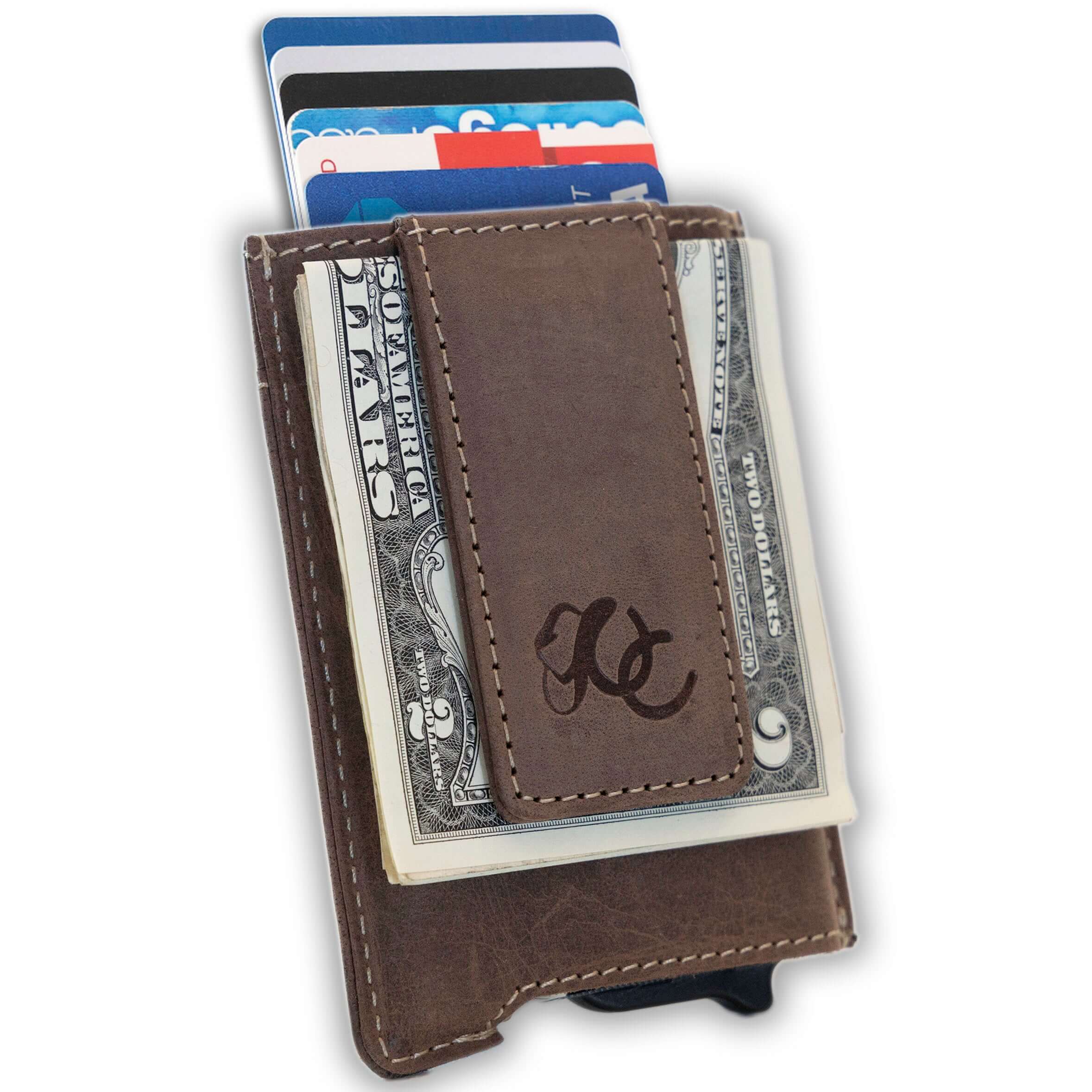 Dark Brown pop-up wallet with strong magnetic clip, full grain leather, RFID protection, and embossed UC Leather branding