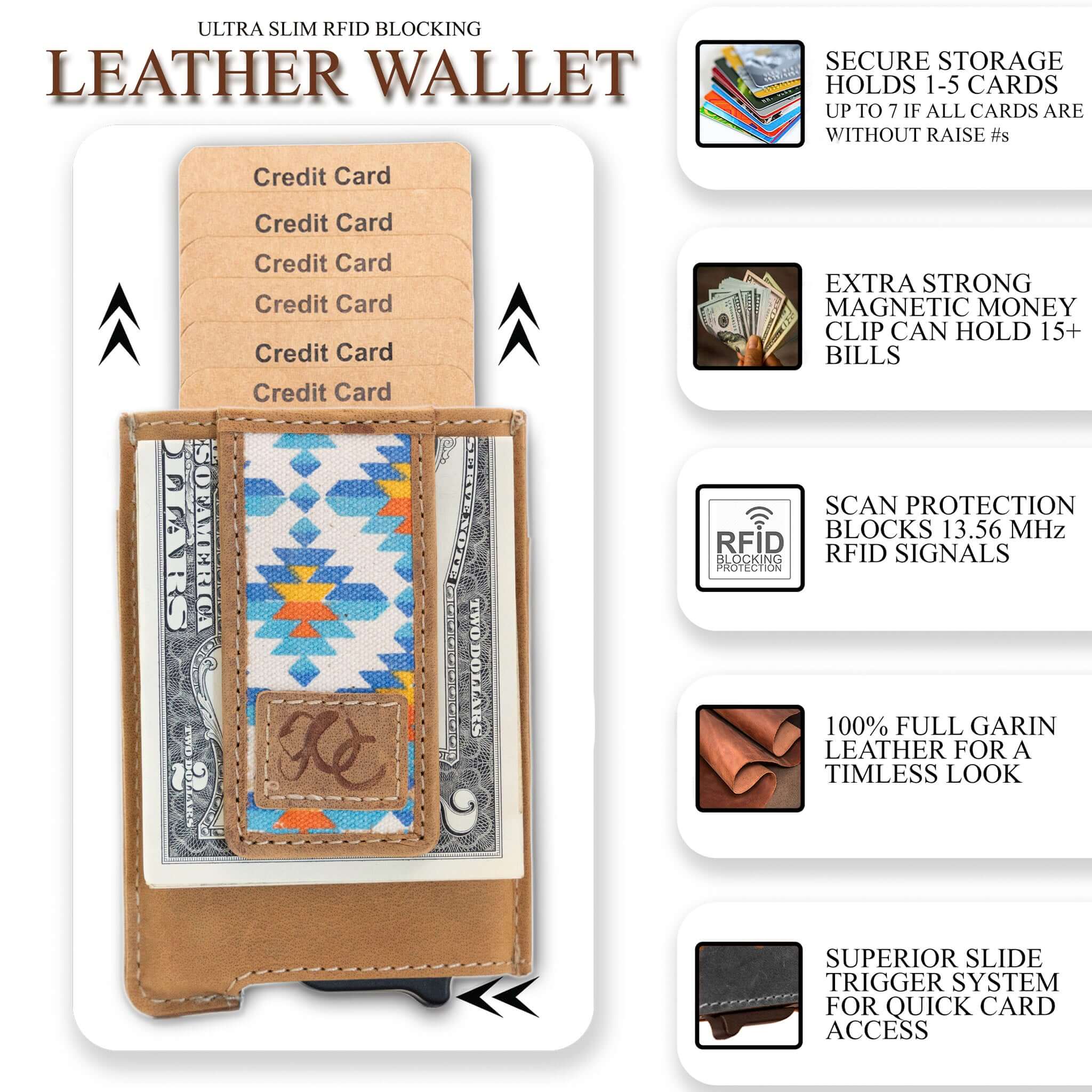 Aztec pop-up wallet with strong magnetic clip, full grain leather, RFID protection, and embossed UC Leather branding