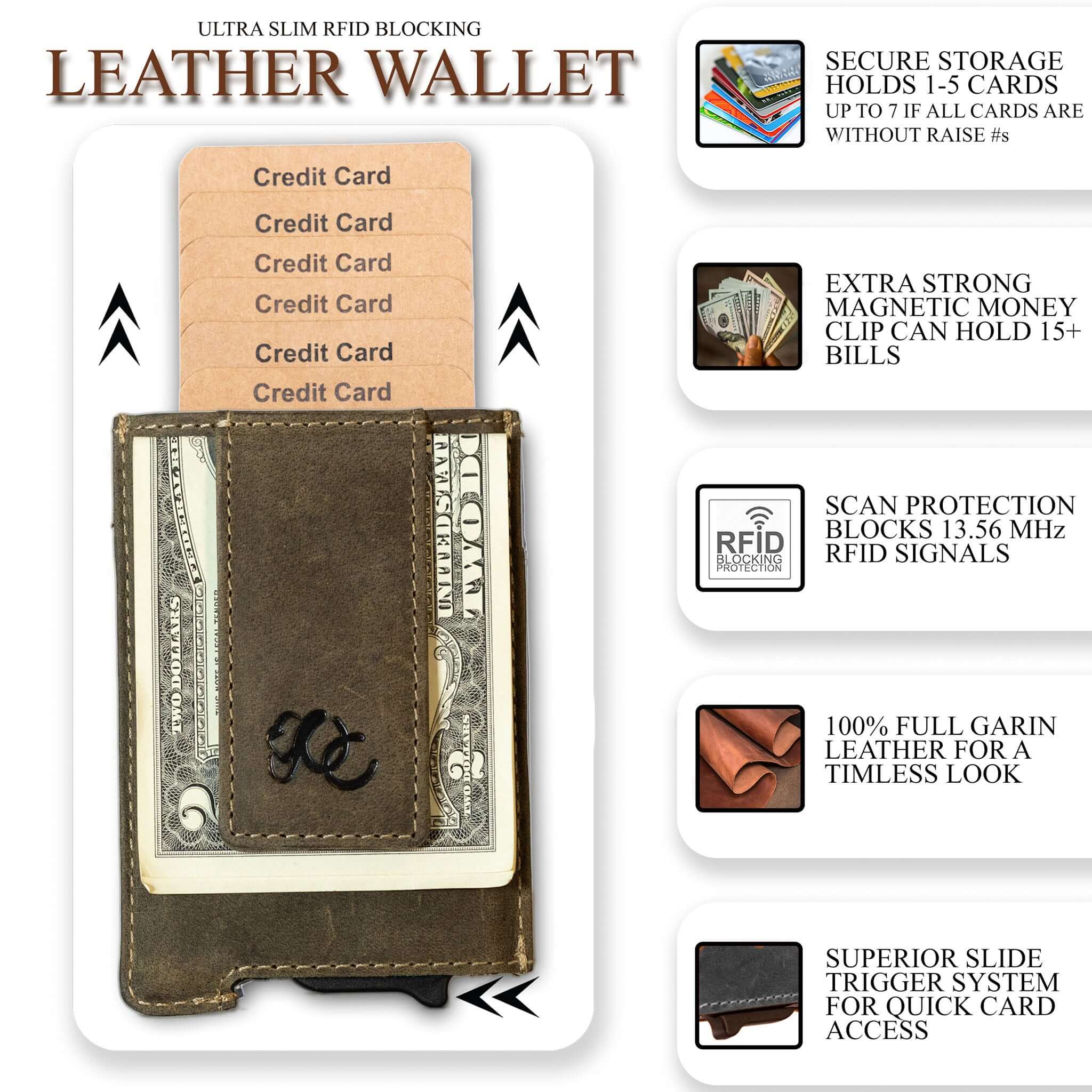 Olive pop-up wallet with strong magnetic clip, full grain leather, RFID protection, and embossed UC Leather branding