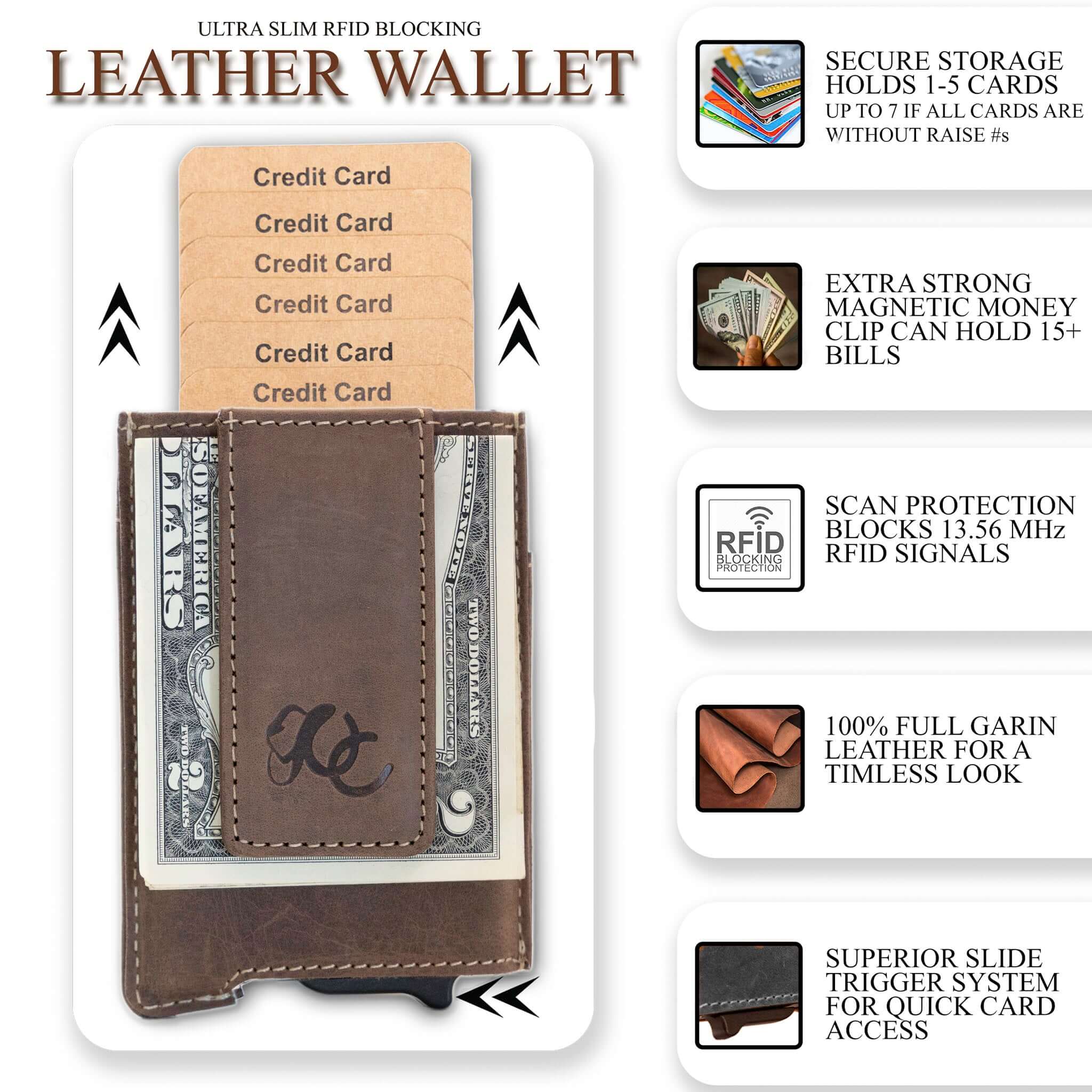 Dark Brown pop-up wallet with strong magnetic clip, full grain leather, RFID protection, and embossed UC Leather branding