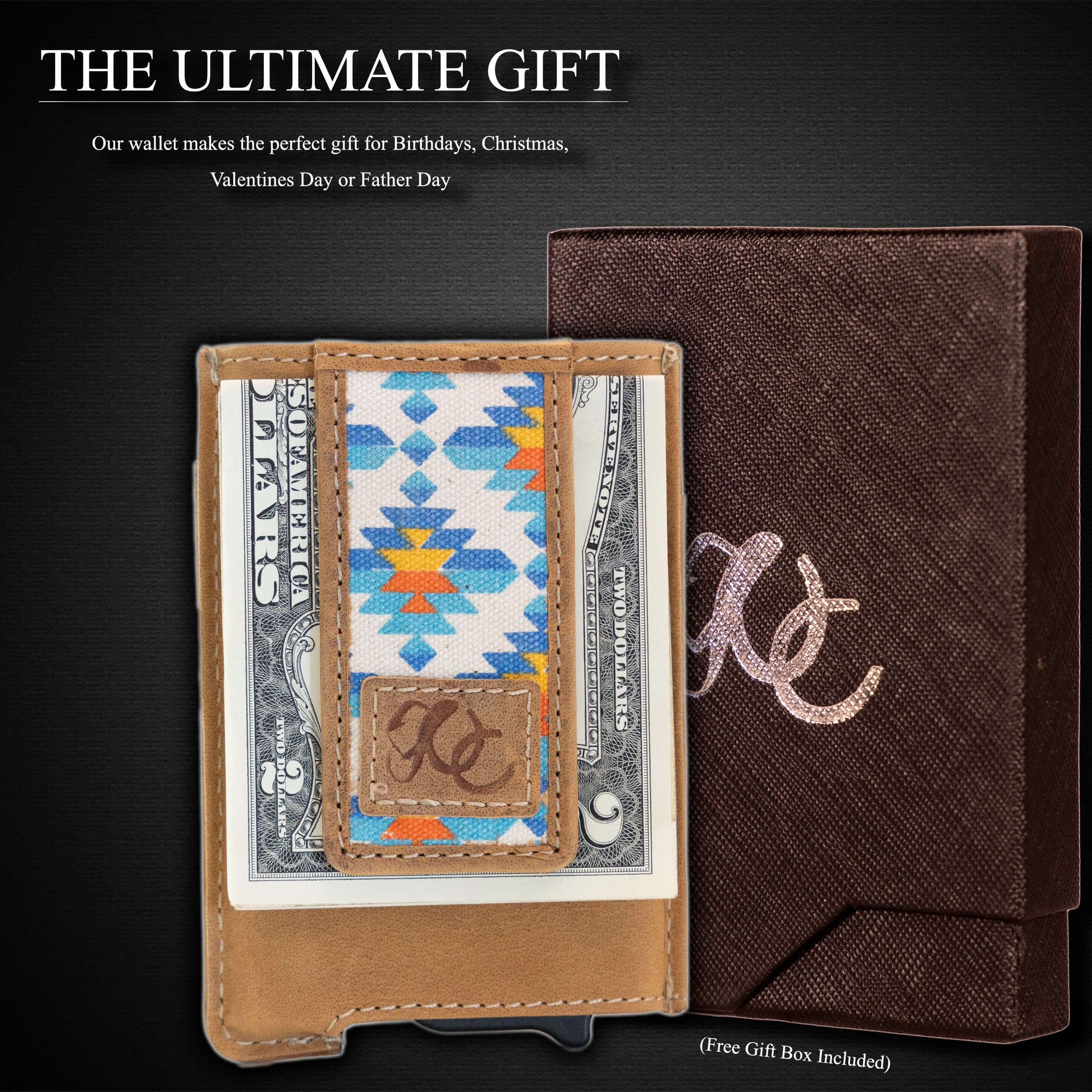 Aztec pop-up wallet with strong magnetic clip, full grain leather, RFID protection, and embossed UC Leather branding