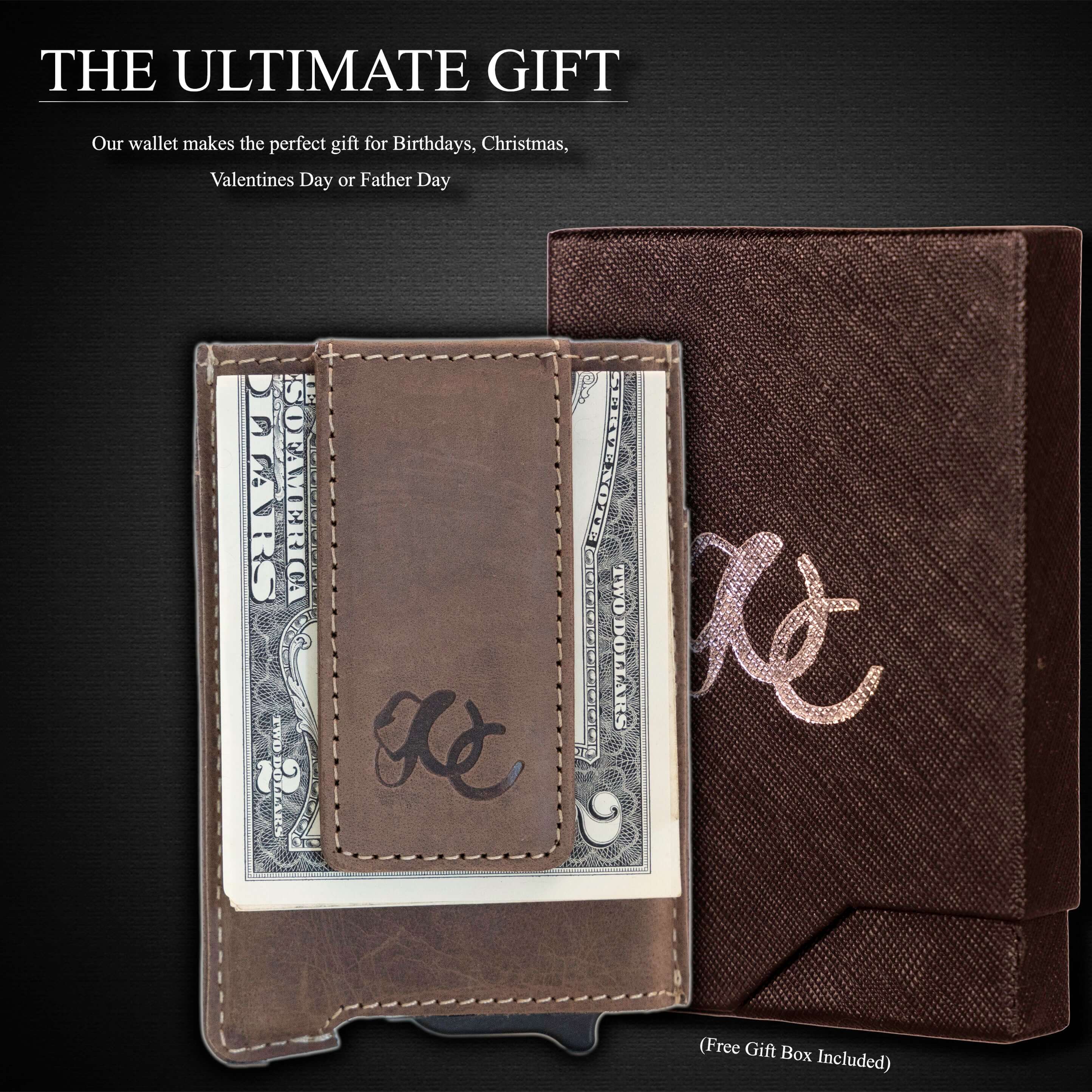 Dark Brown pop-up wallet with strong magnetic clip, full grain leather, RFID protection, and embossed UC Leather branding