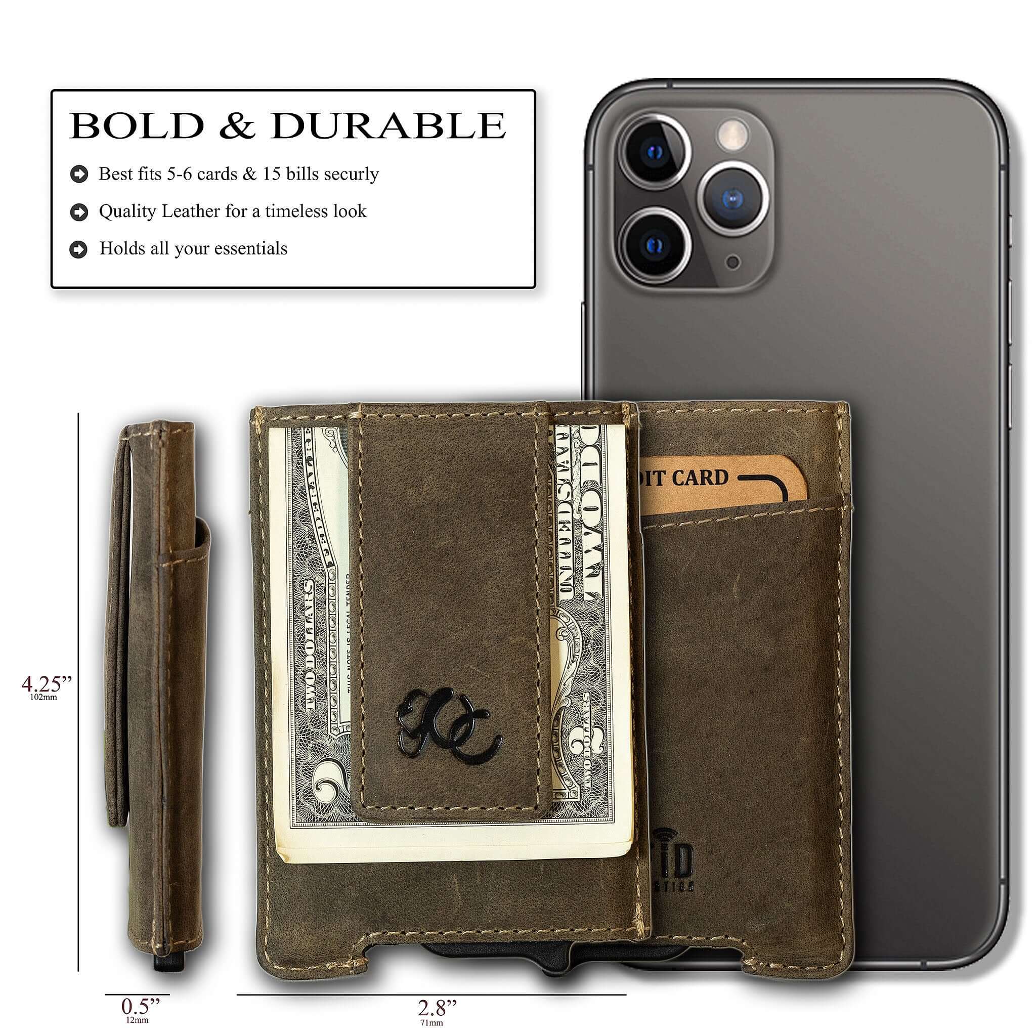 Olive pop-up wallet with strong magnetic clip, full grain leather, RFID protection, and embossed UC Leather branding