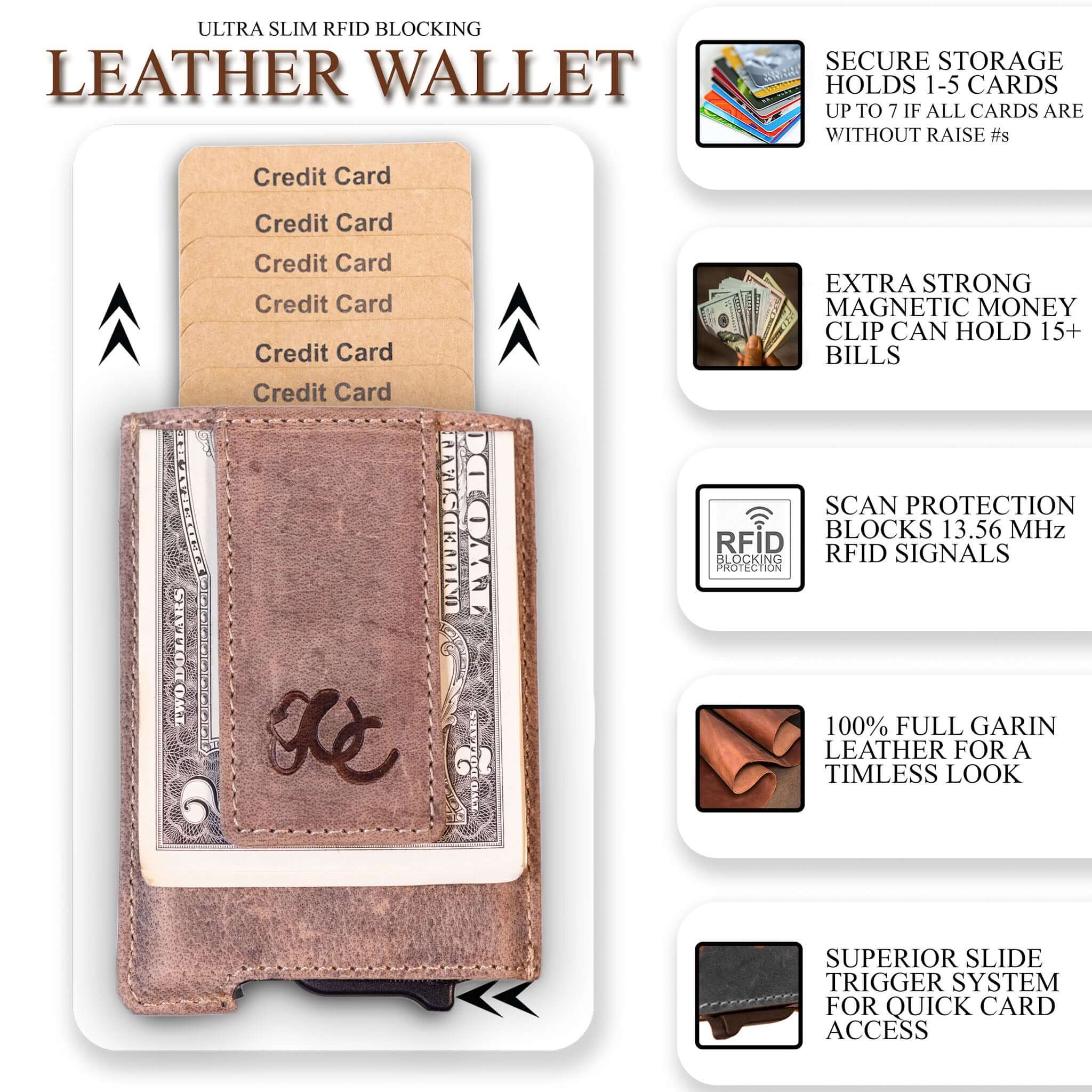 Sand pop-up wallet with strong magnetic clip, full grain leather, RFID protection, and embossed UC Leather branding