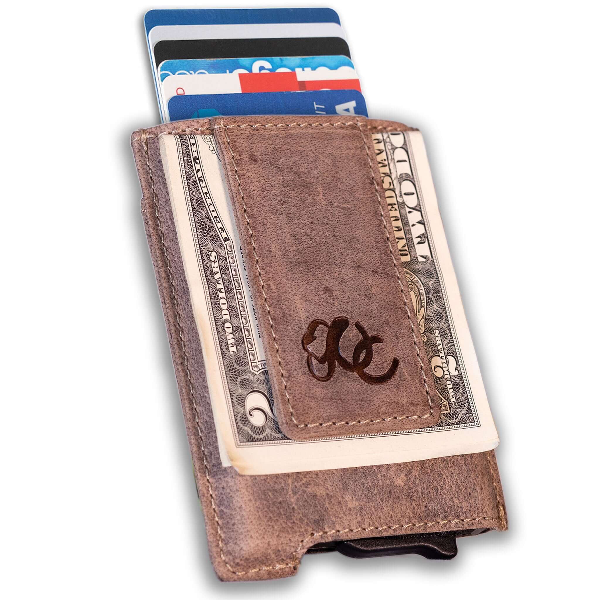 Sand pop-up wallet with strong magnetic clip, full grain leather, RFID protection, and embossed UC Leather branding