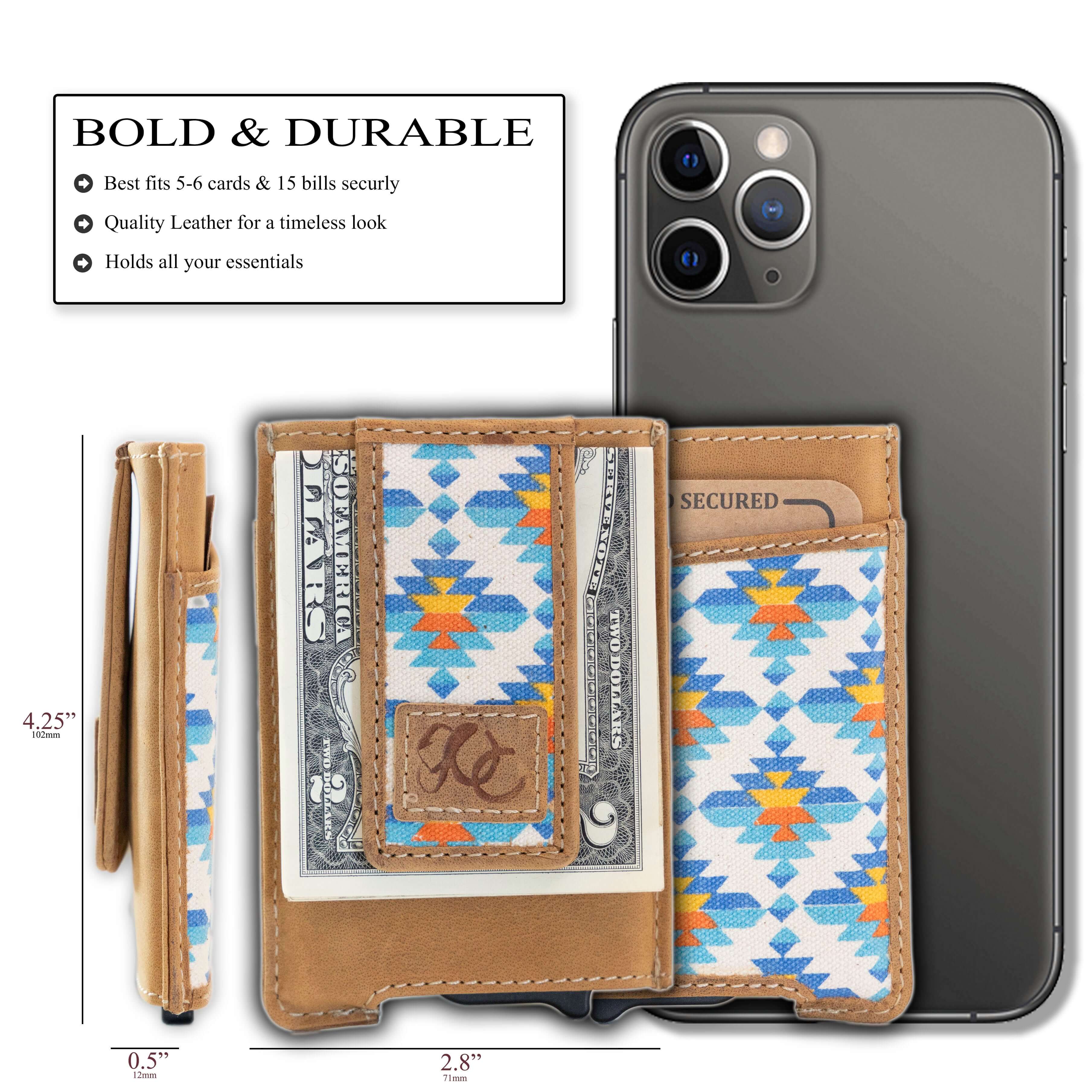 Aztec pop-up wallet with strong magnetic clip, full grain leather, RFID protection, and embossed UC Leather branding