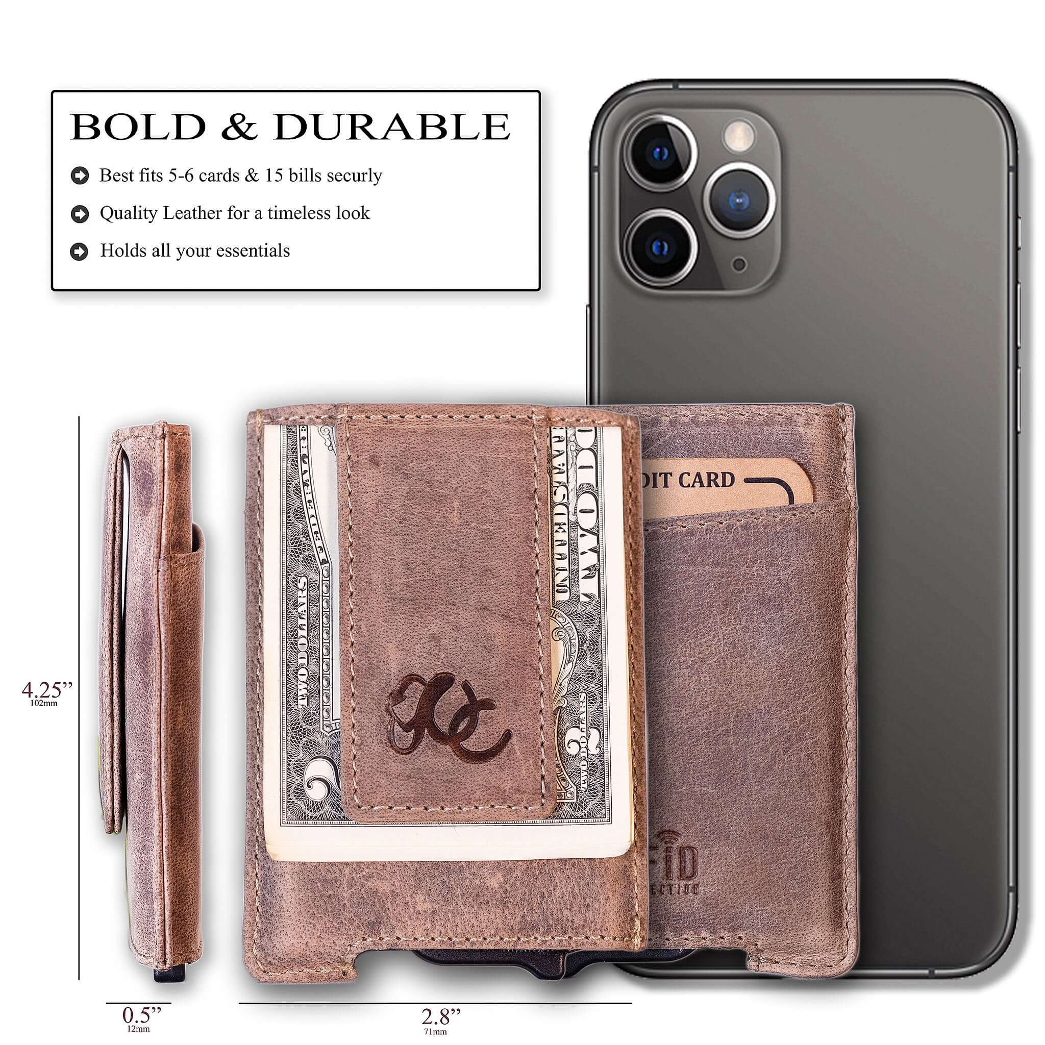 Sand pop-up wallet with strong magnetic clip, full grain leather, RFID protection, and embossed UC Leather branding