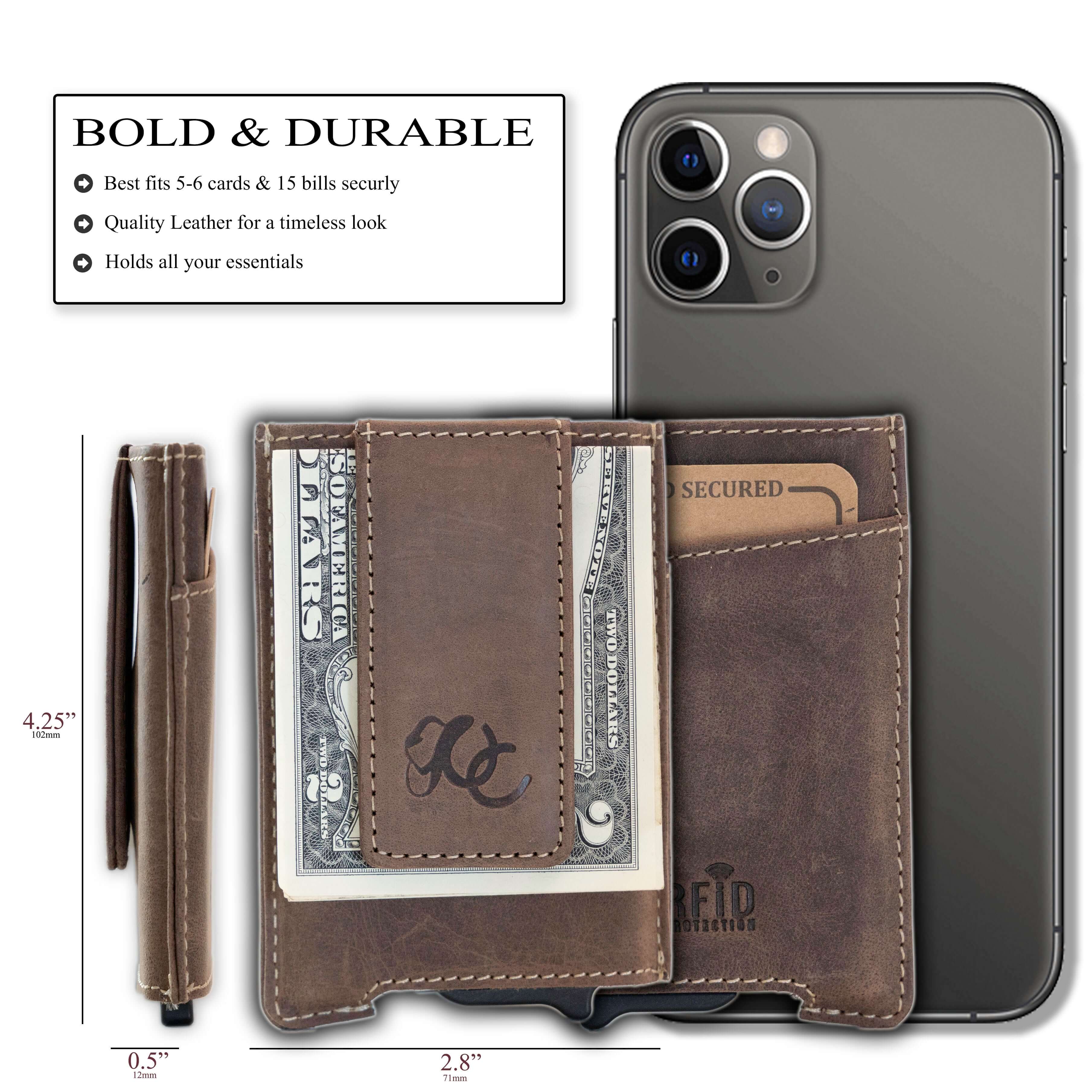 Dark Brown pop-up wallet with strong magnetic clip, full grain leather, RFID protection, and embossed UC Leather branding