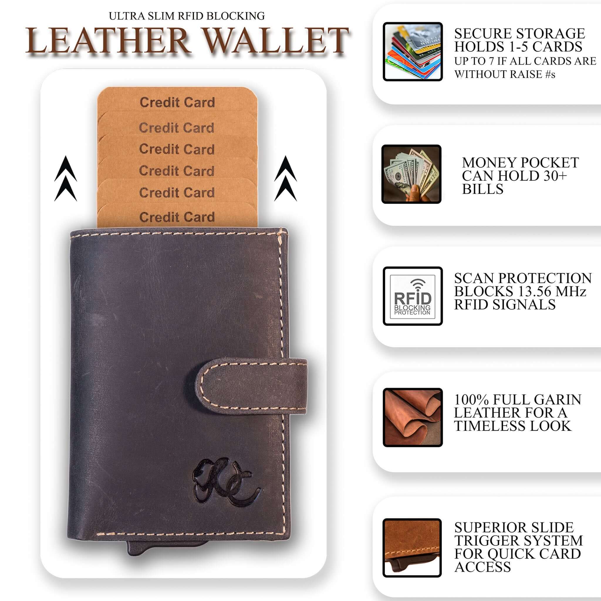 Slim leather wallet with pop-up card tray and bifold cash section-Black
