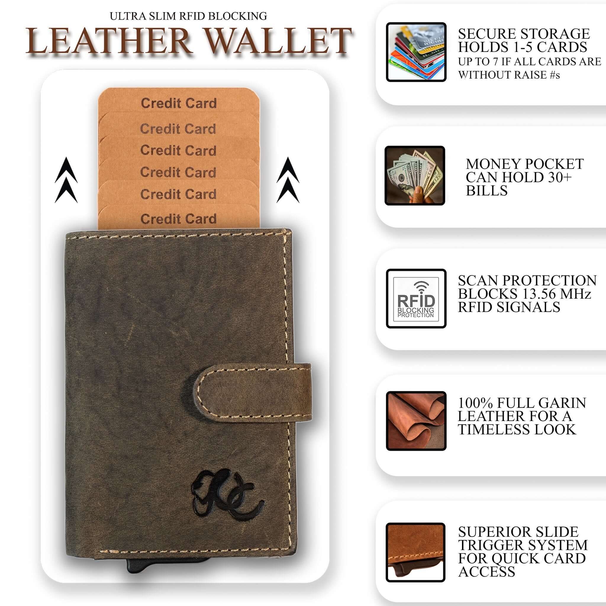 Slim leather wallet with pop-up card tray and bifold cash section-Olive