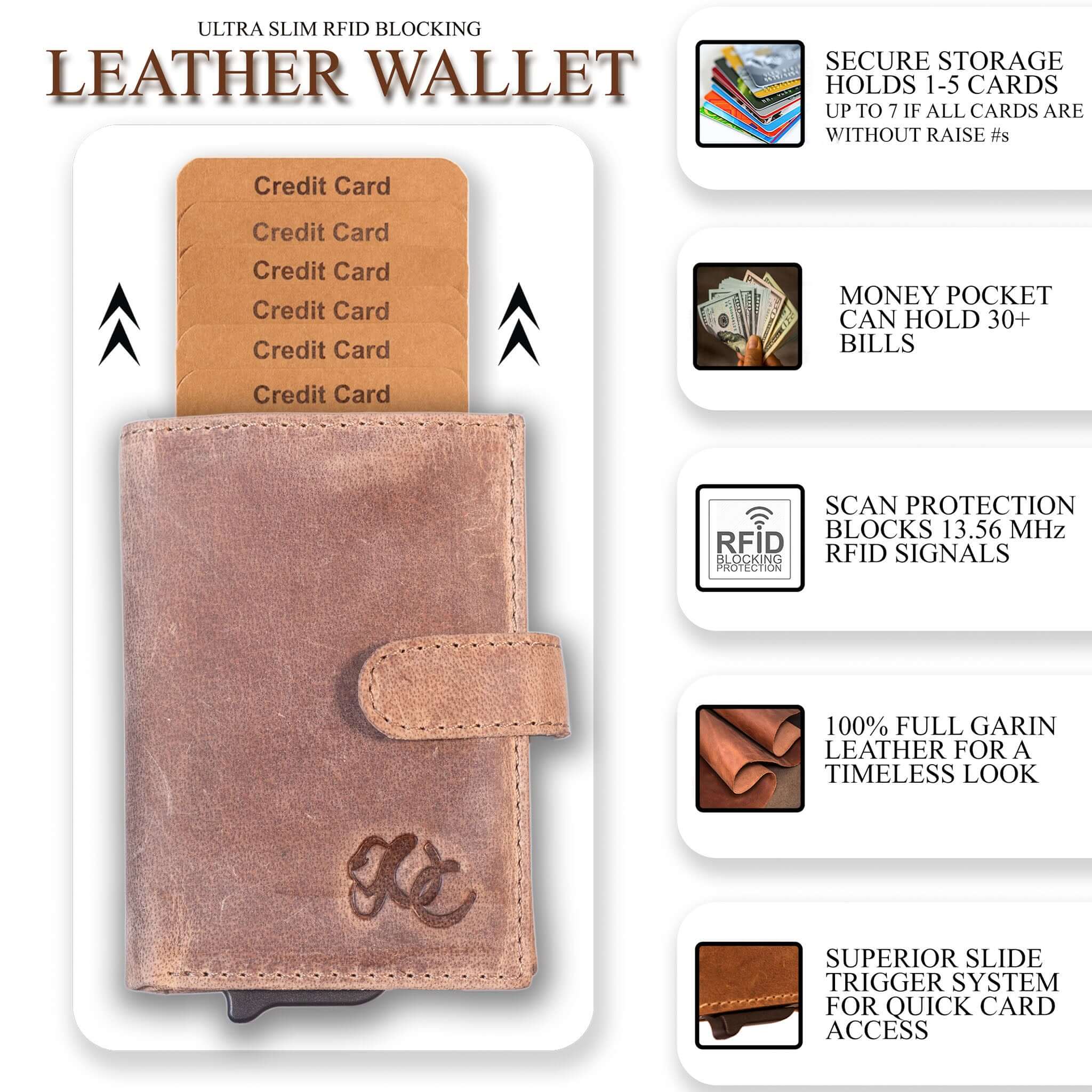 Slim leather wallet with pop-up card tray and bifold cash section-Sand