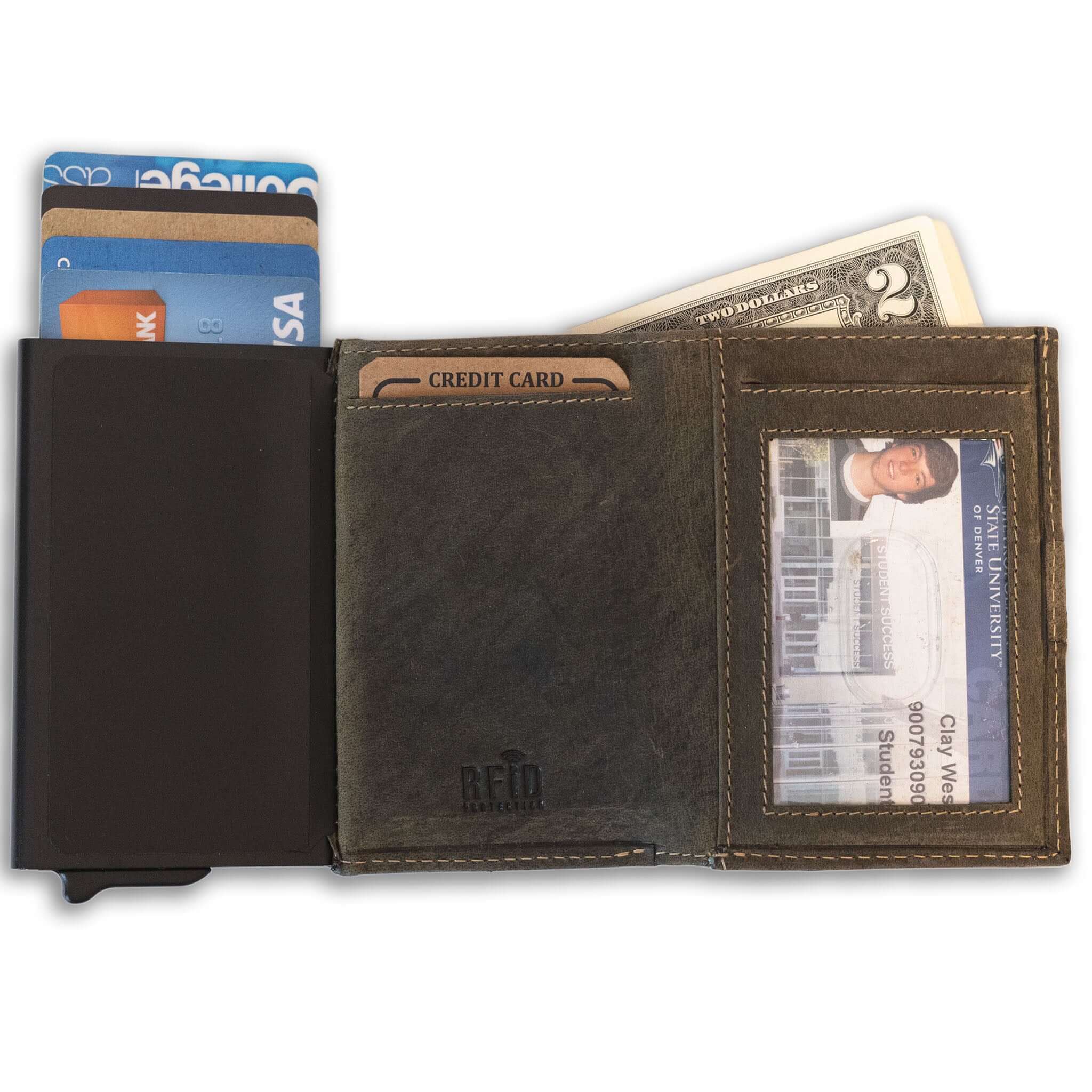 Slim leather wallet with pop-up card tray and bifold cash section-Olive