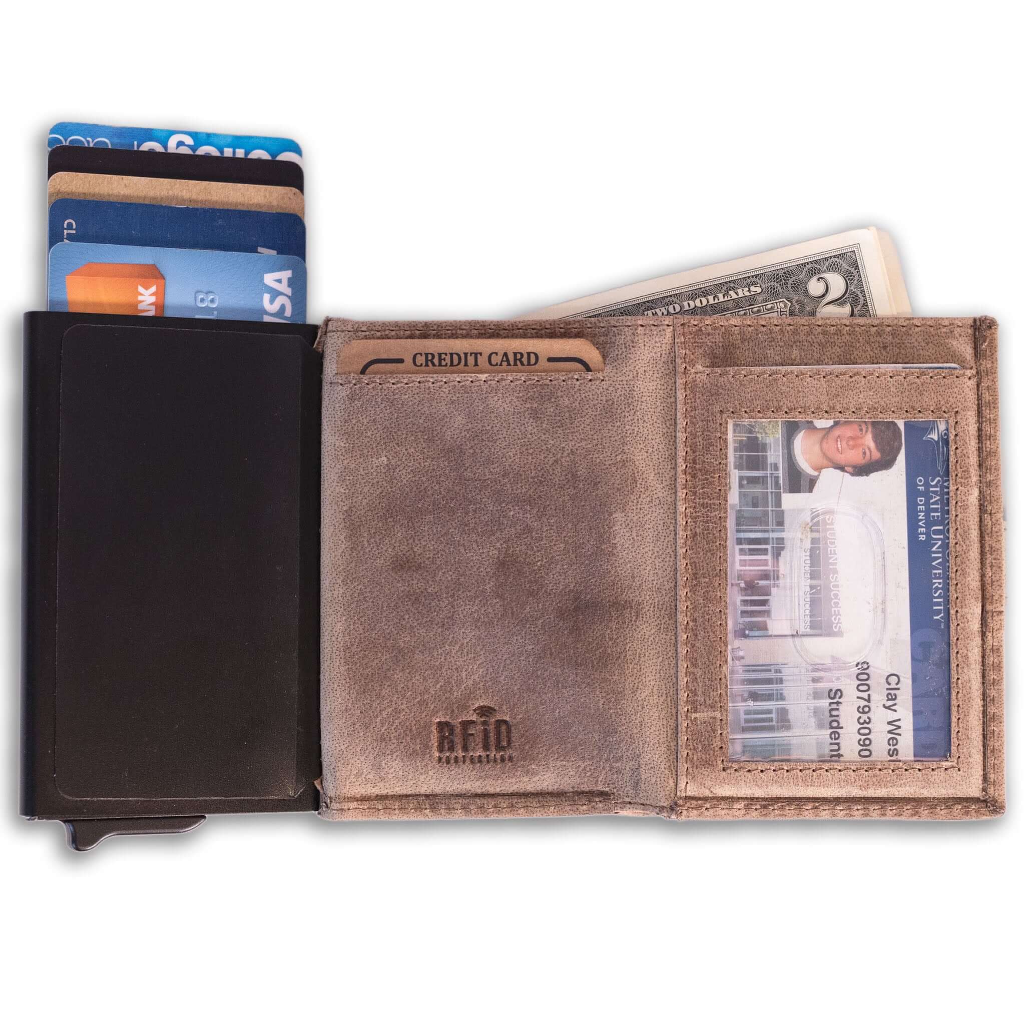 Slim leather wallet with pop-up card tray and bifold cash section-Sand