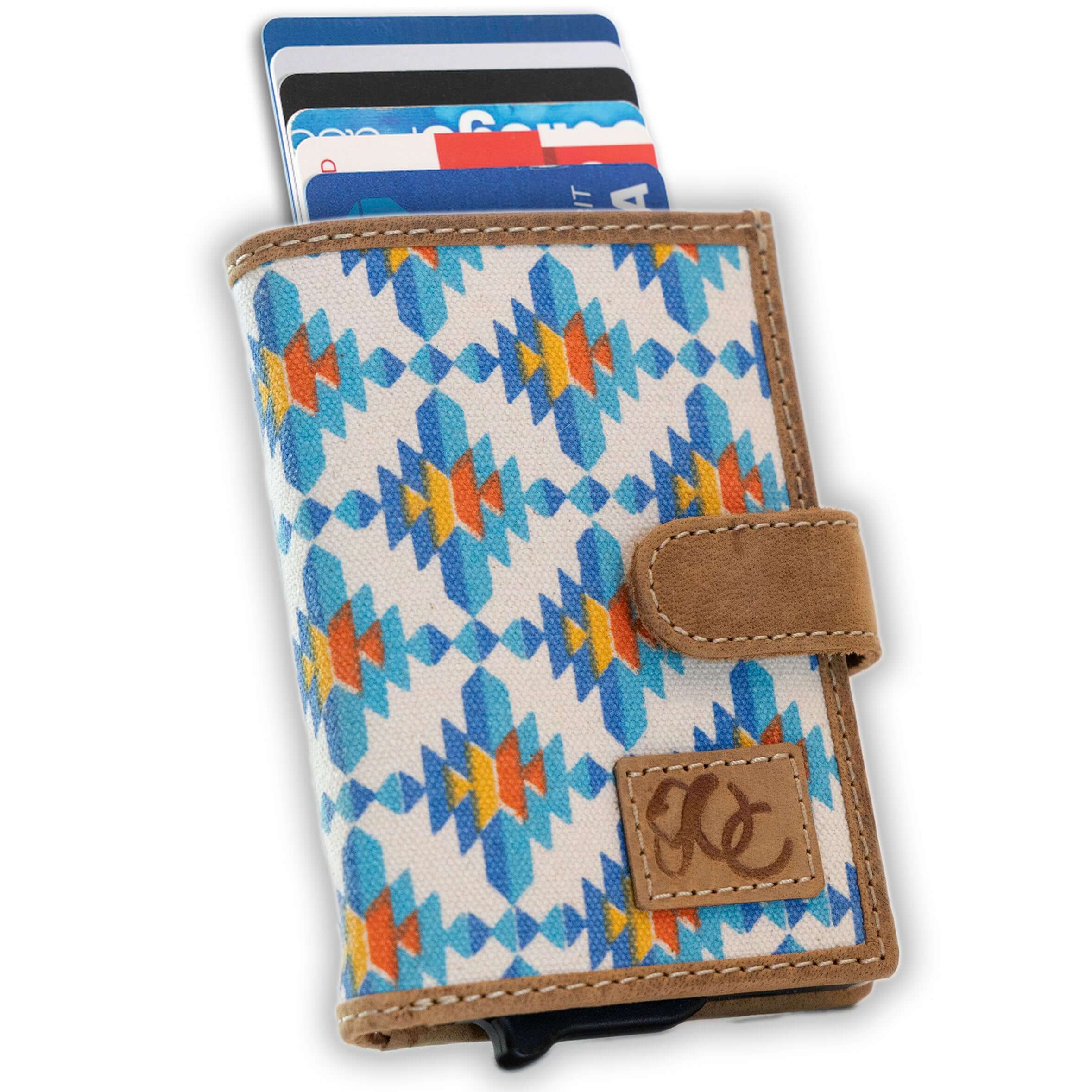 Slim Aztec/Leather wallet with pop-up card tray and bifold cash section-Aztec