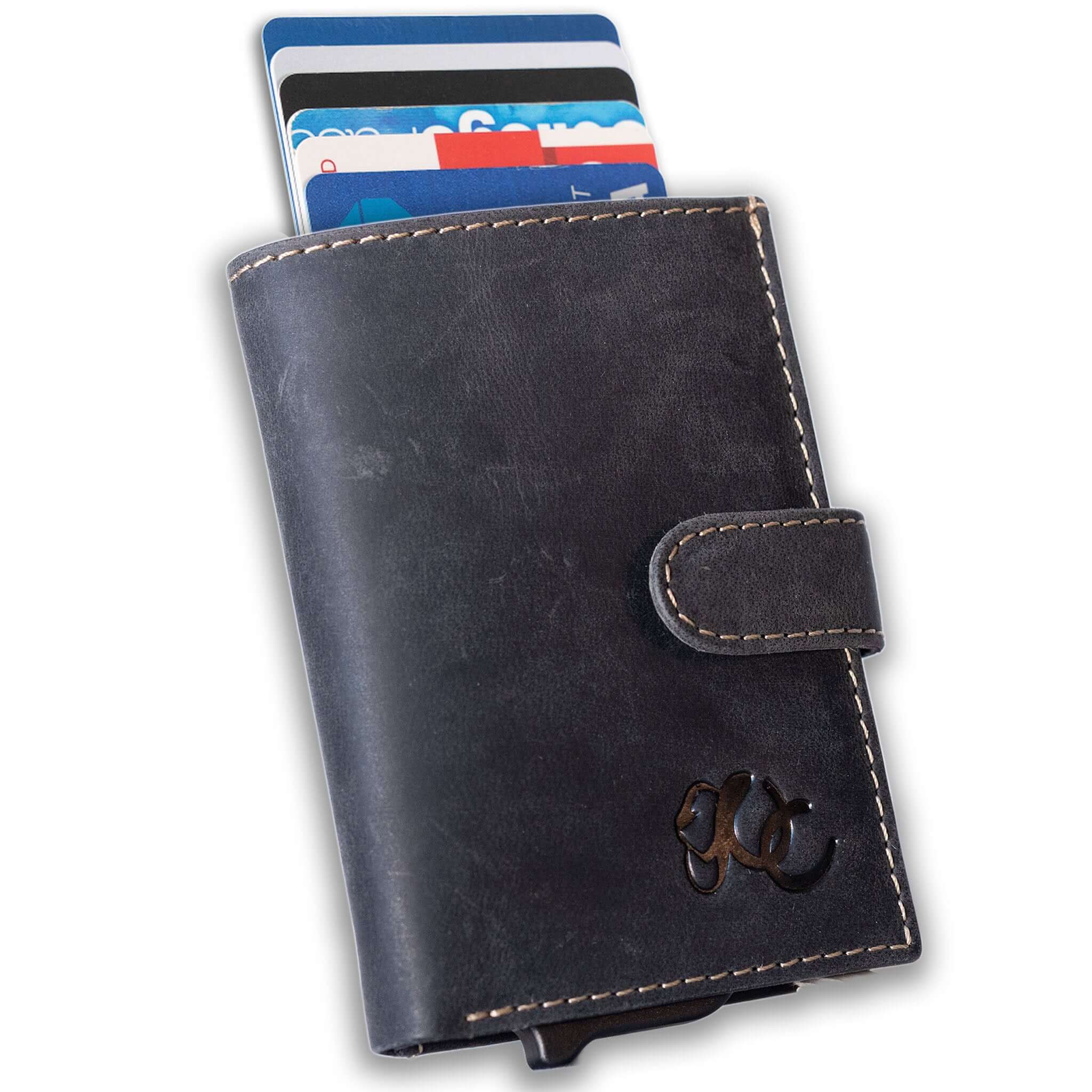 Slim leather wallet with pop-up card tray and bifold cash section-Black