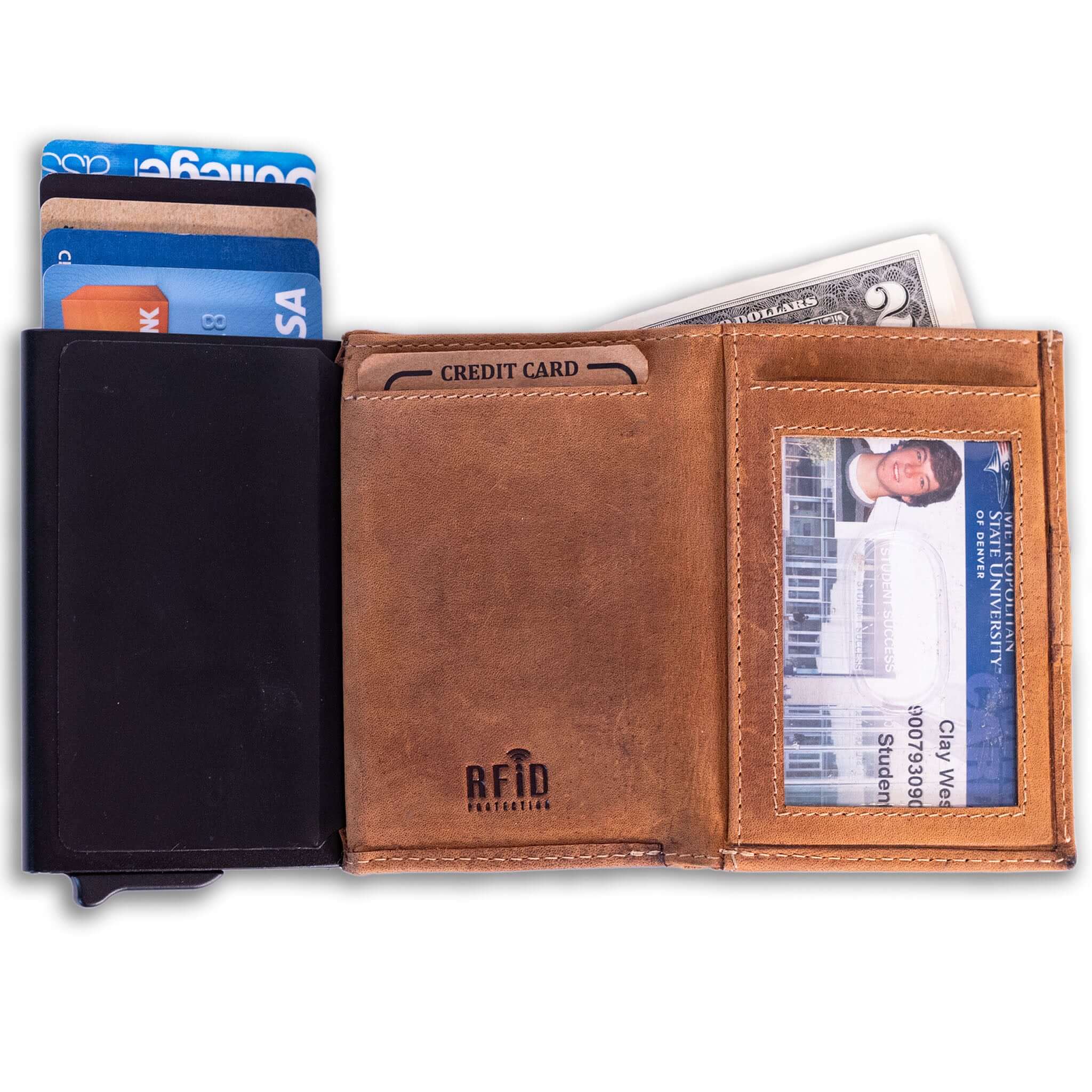 Slim leather wallet with pop-up card tray and bifold cash section-Brown