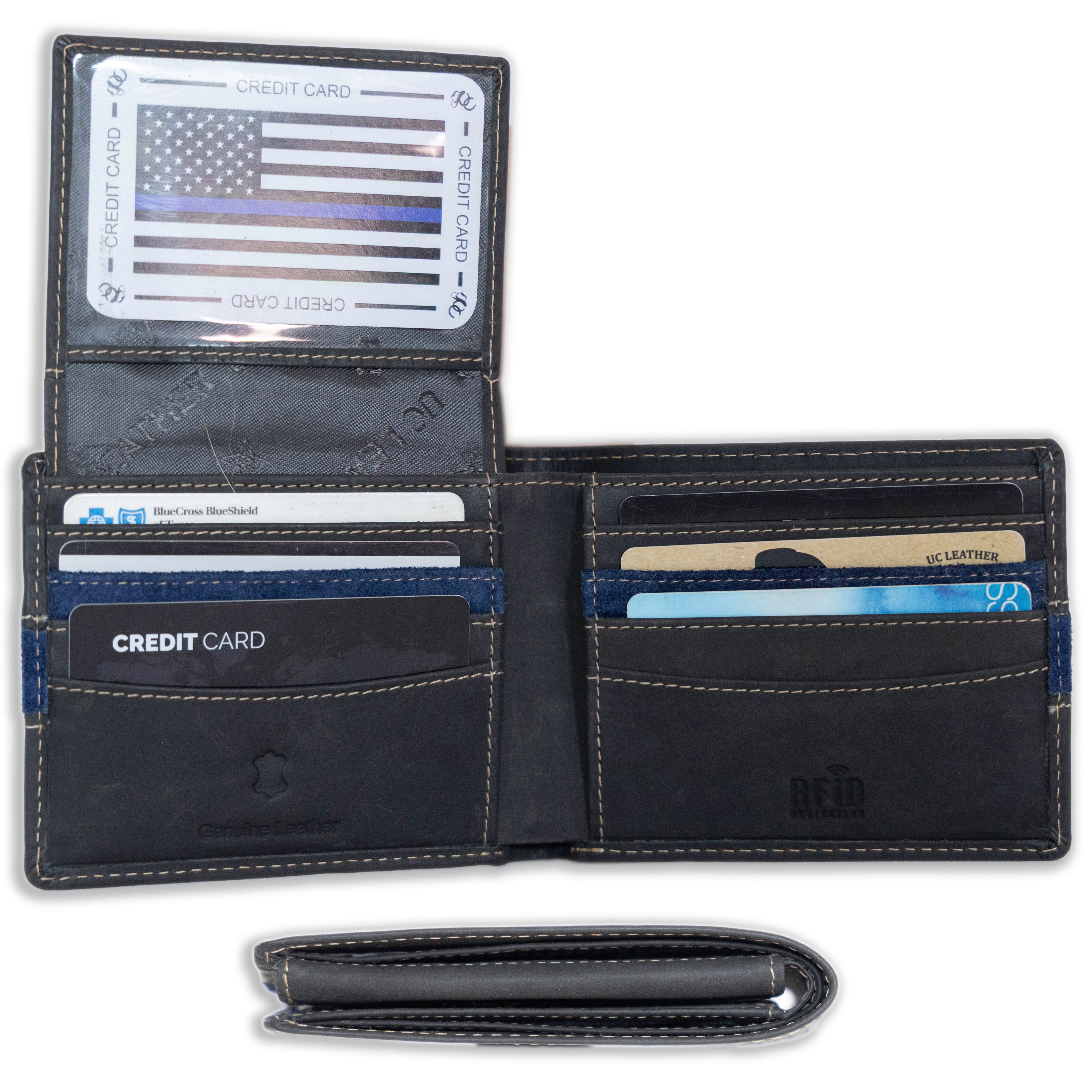 Full grain leather classic bifold wallet with RFID protection, multiple card slots, and durable rugged styling – blueline police