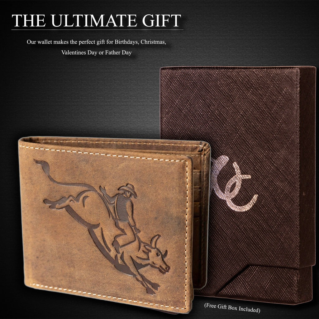 Full grain leather classic bifold wallet with RFID protection, multiple card slots, and durable rugged styling – bull stamp with gift box