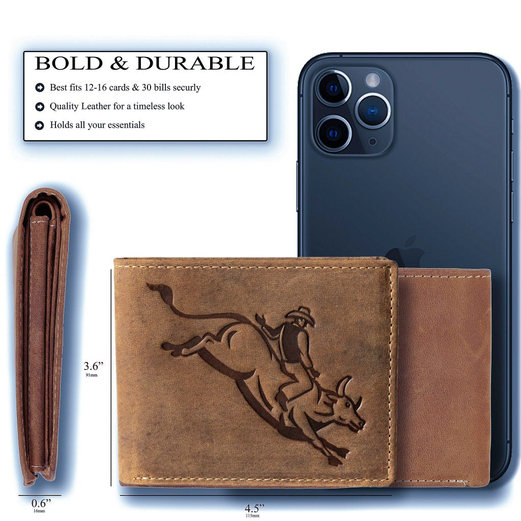 Full grain leather classic bifold wallet with RFID protection, multiple card slots, and durable rugged styling – bull stamp and size comparison