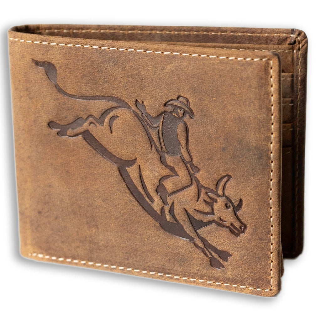 Full grain leather classic bifold wallet with RFID protection, multiple card slots, and durable rugged styling – bull stamp