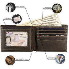 Full grain leather classic bifold wallet with RFID protection, multiple card slots, and durable rugged styling – Black