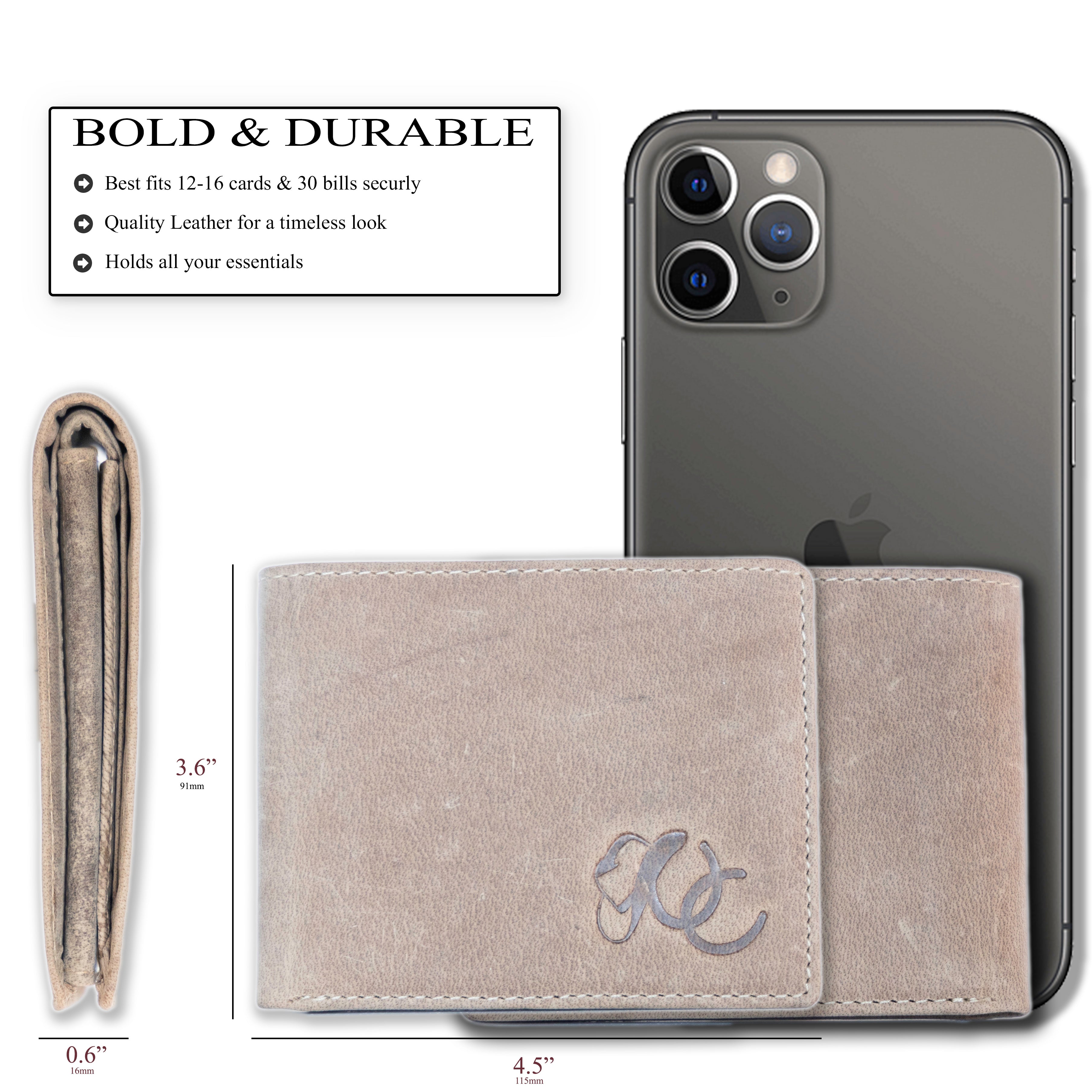 Full grain leather classic bifold wallet with RFID protection, multiple card slots, and durable rugged styling – Sand- size comparison