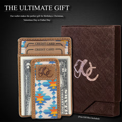 Slim front pocket wallet with aztec canvas and full grain leather, RFID protection, magnetic cash clip, card slots, and rugged stitching-Aztec-gift box