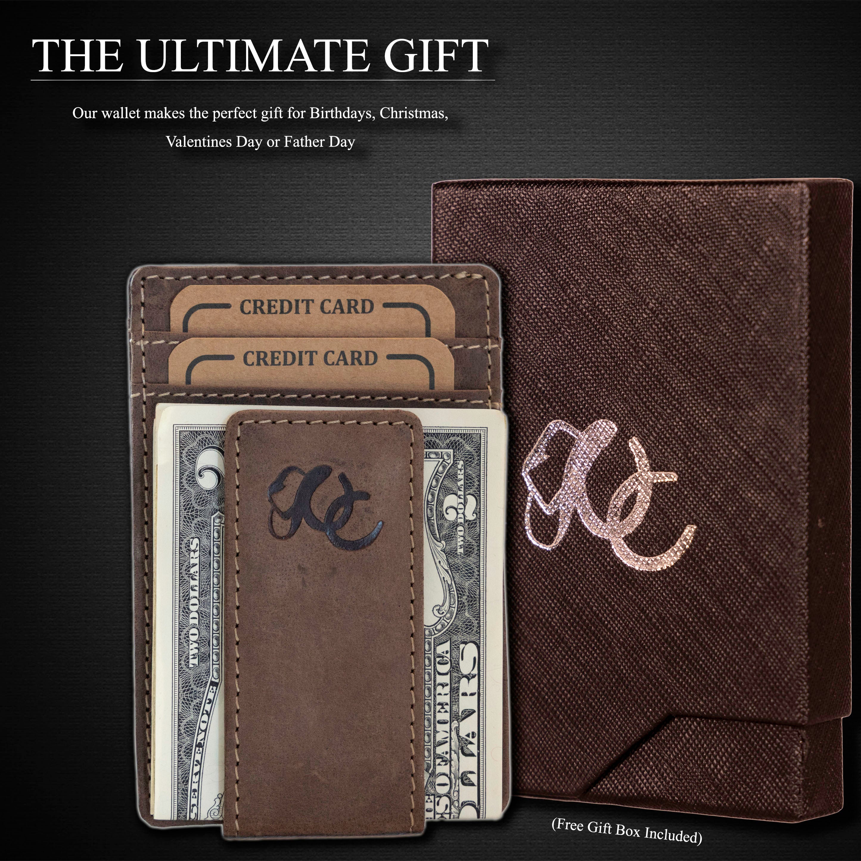 Slim front pocket wallet with full grain leather, RFID protection, magnetic cash clip, card slots, and rugged stitching-Dark Brown- Gift Box