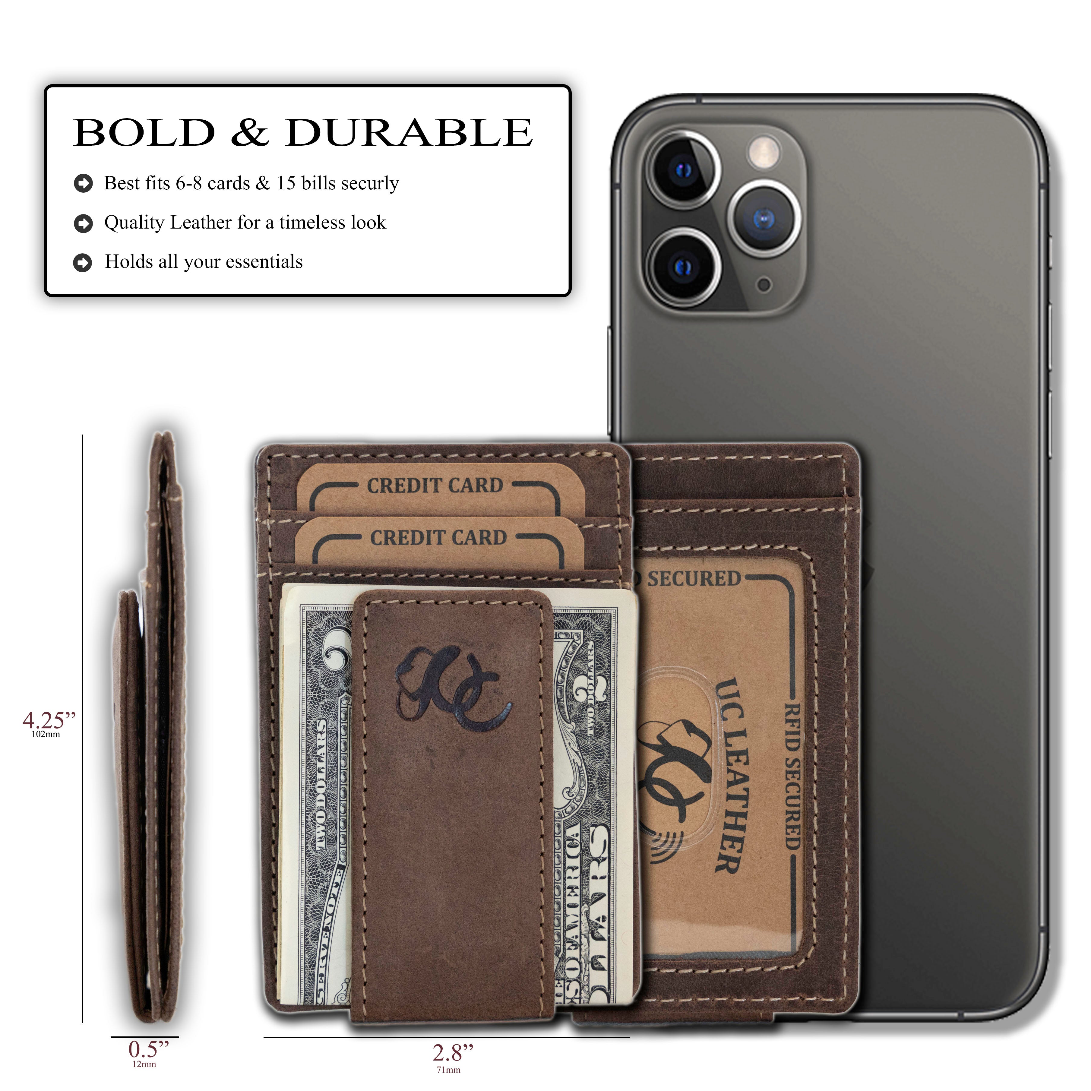 Slim front pocket wallet with full grain leather, RFID protection, magnetic cash clip, card slots, and rugged stitching-Dark Brown-size comparison and details