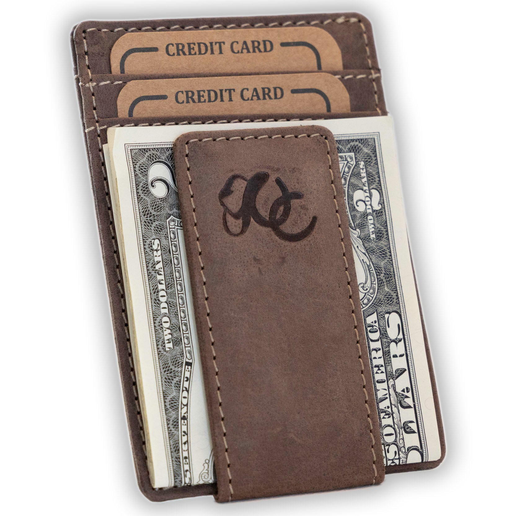 Slim front pocket wallet with full grain leather, RFID protection, magnetic cash clip, card slots, and rugged stitching-Dark Brown