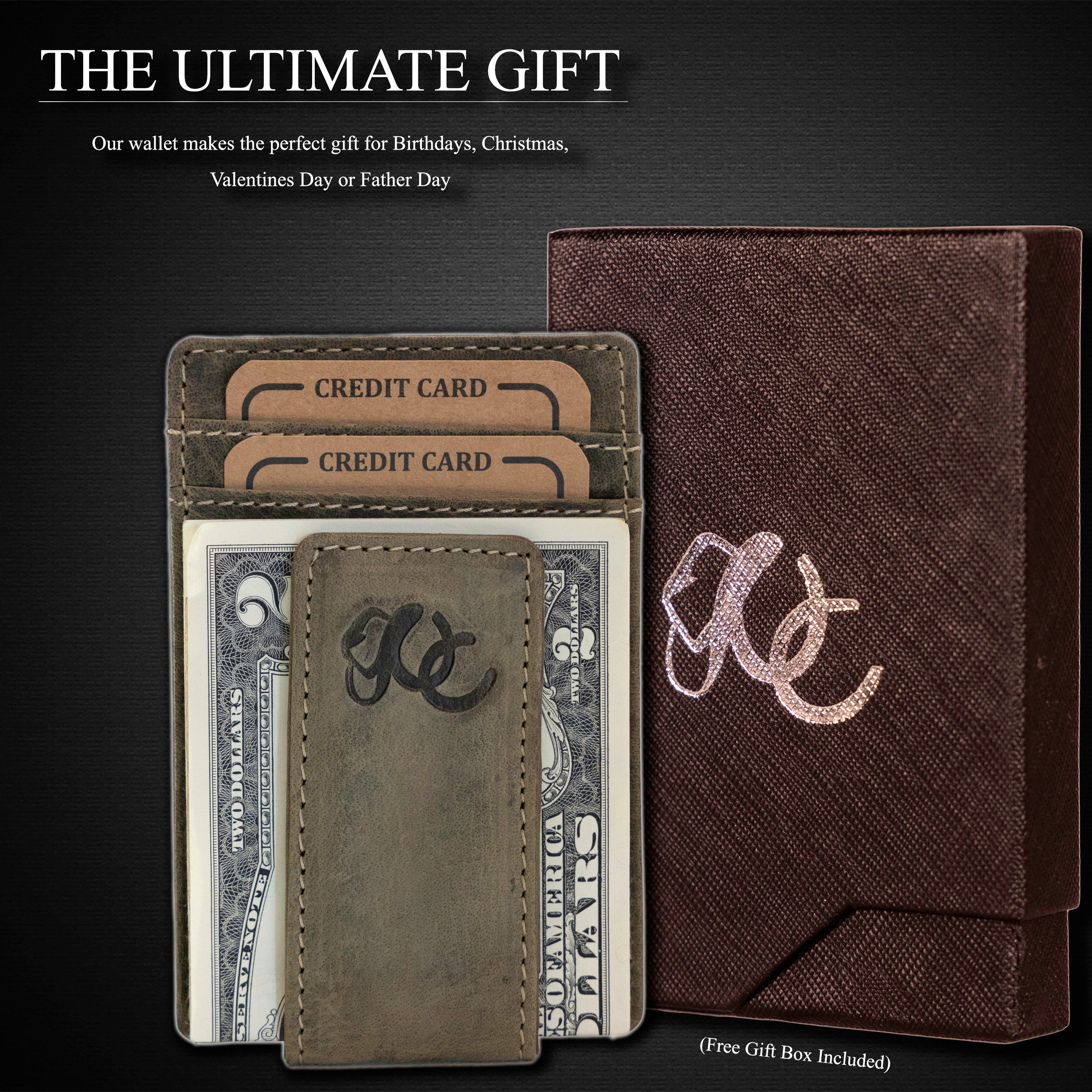 Slim front pocket wallet with full grain leather, RFID protection, magnetic cash clip, card slots, and rugged stitching-Olive-Gift Box