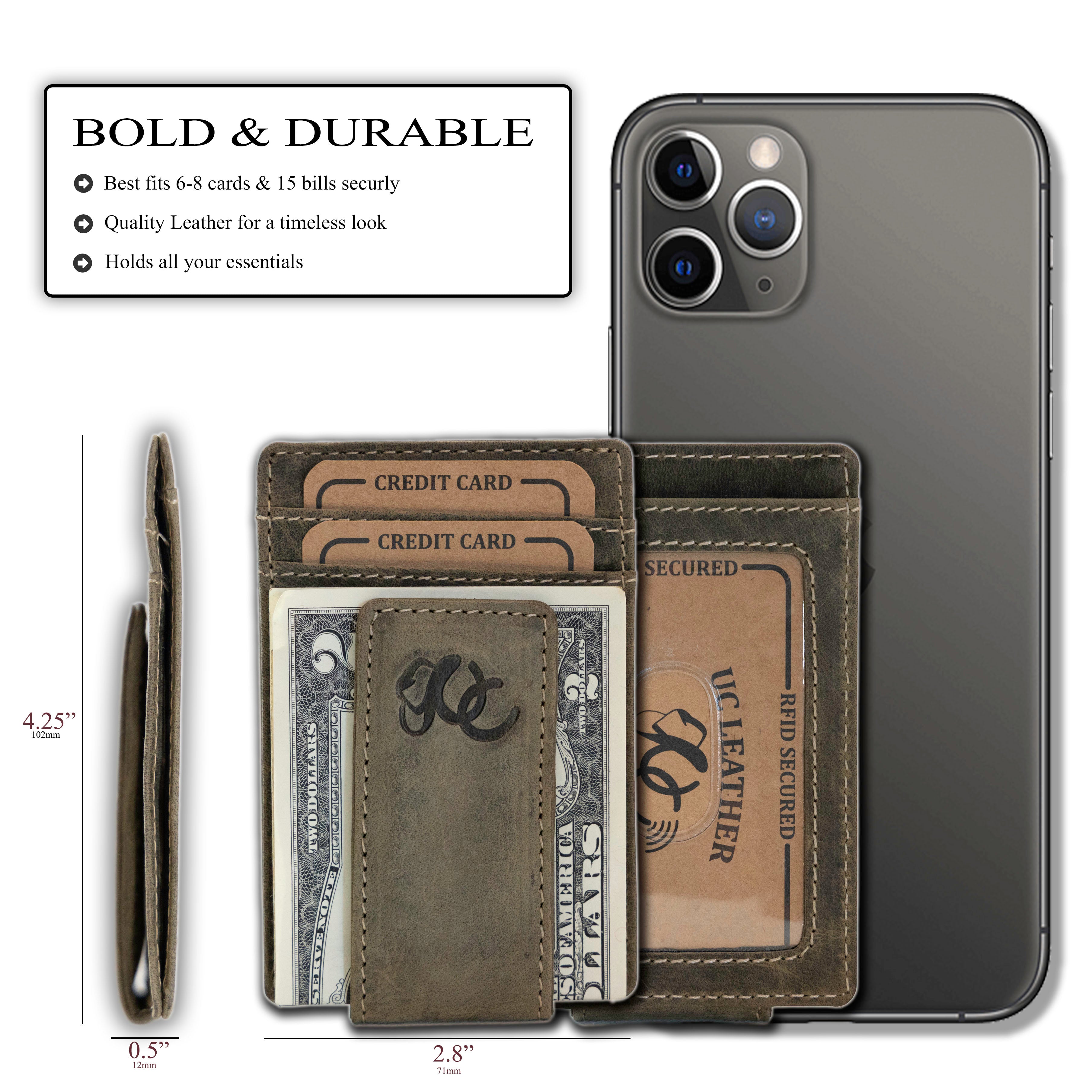Slim front pocket wallet with full grain leather, RFID protection, magnetic cash clip, card slots, and rugged stitching-Olive-size comparison and details
