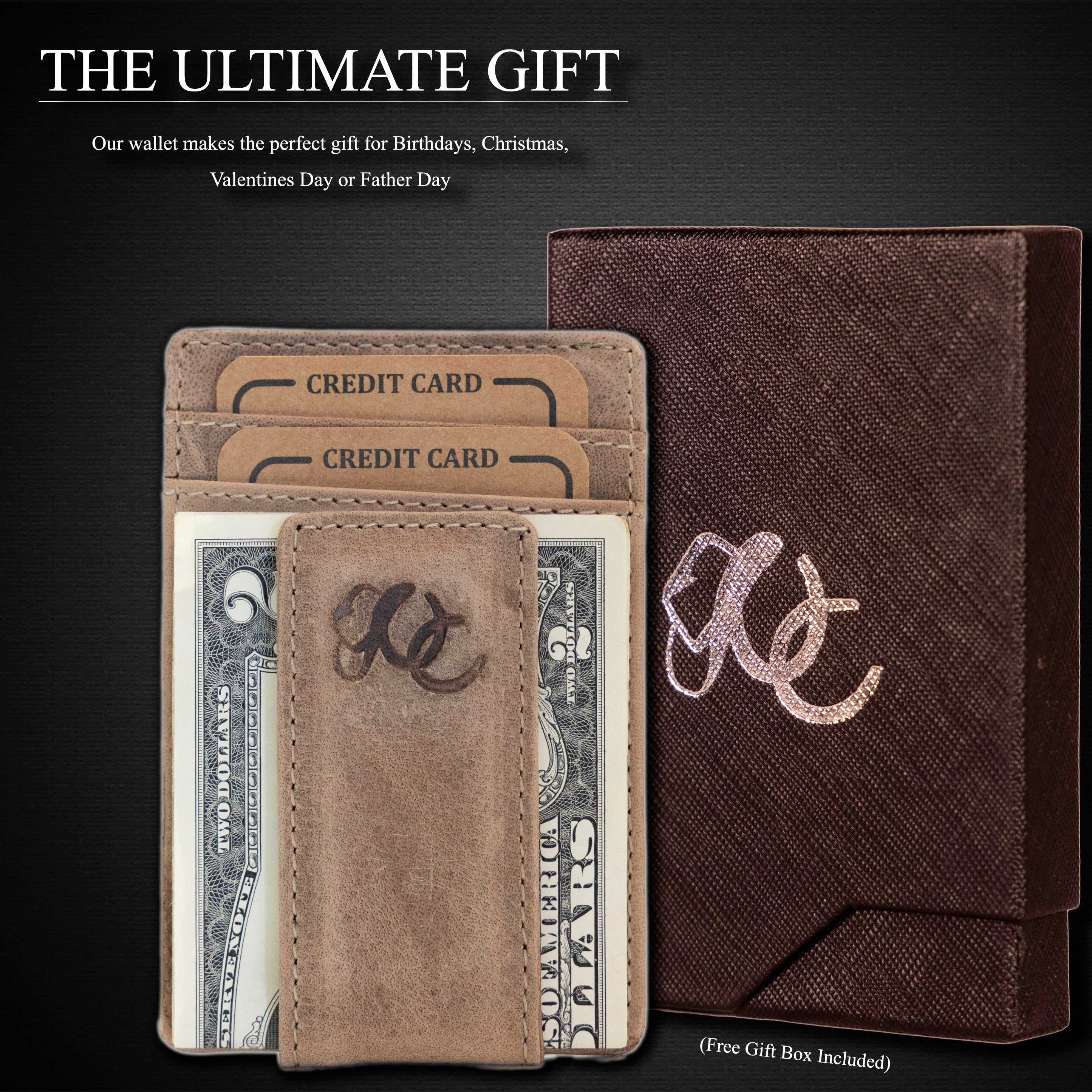 Slim front pocket wallet with full grain leather, RFID protection, magnetic cash clip, card slots, and rugged stitching-Sand-Gift Box