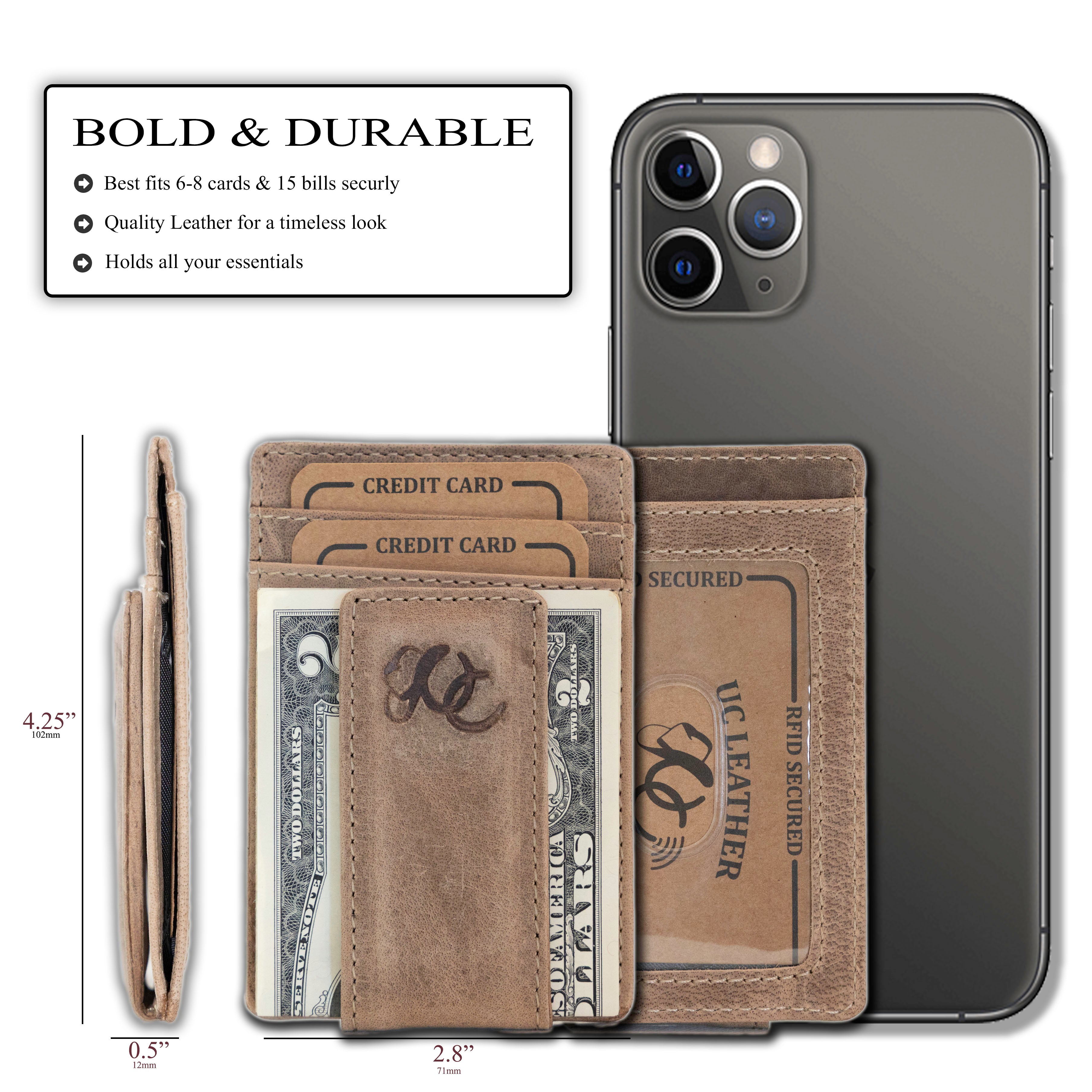 Slim front pocket wallet with full grain leather, RFID protection, magnetic cash clip, card slots, and rugged stitching-Sand-size comparison and details
