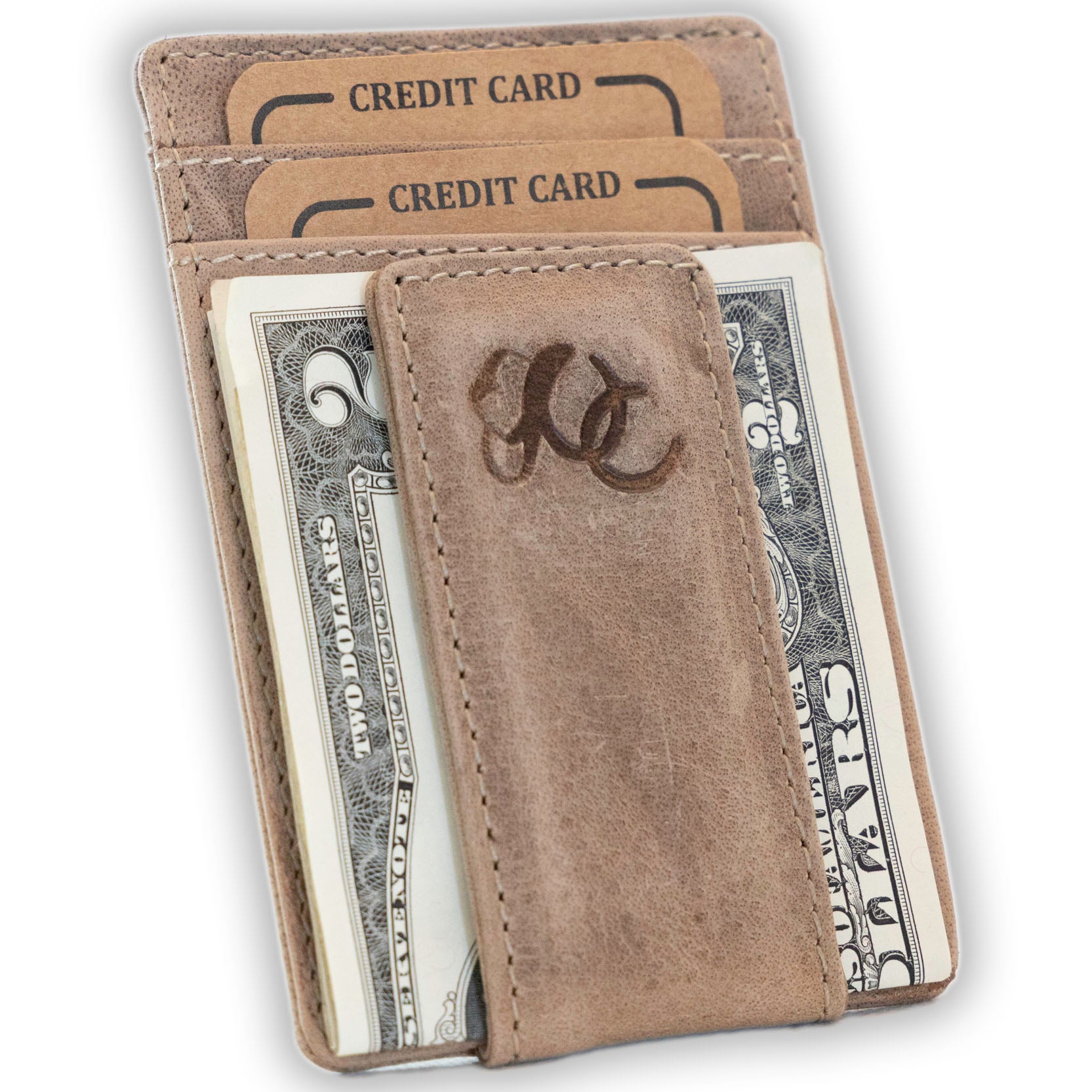 Slim front pocket wallet with full grain leather, RFID protection, magnetic cash clip, card slots, and rugged stitching-Sand