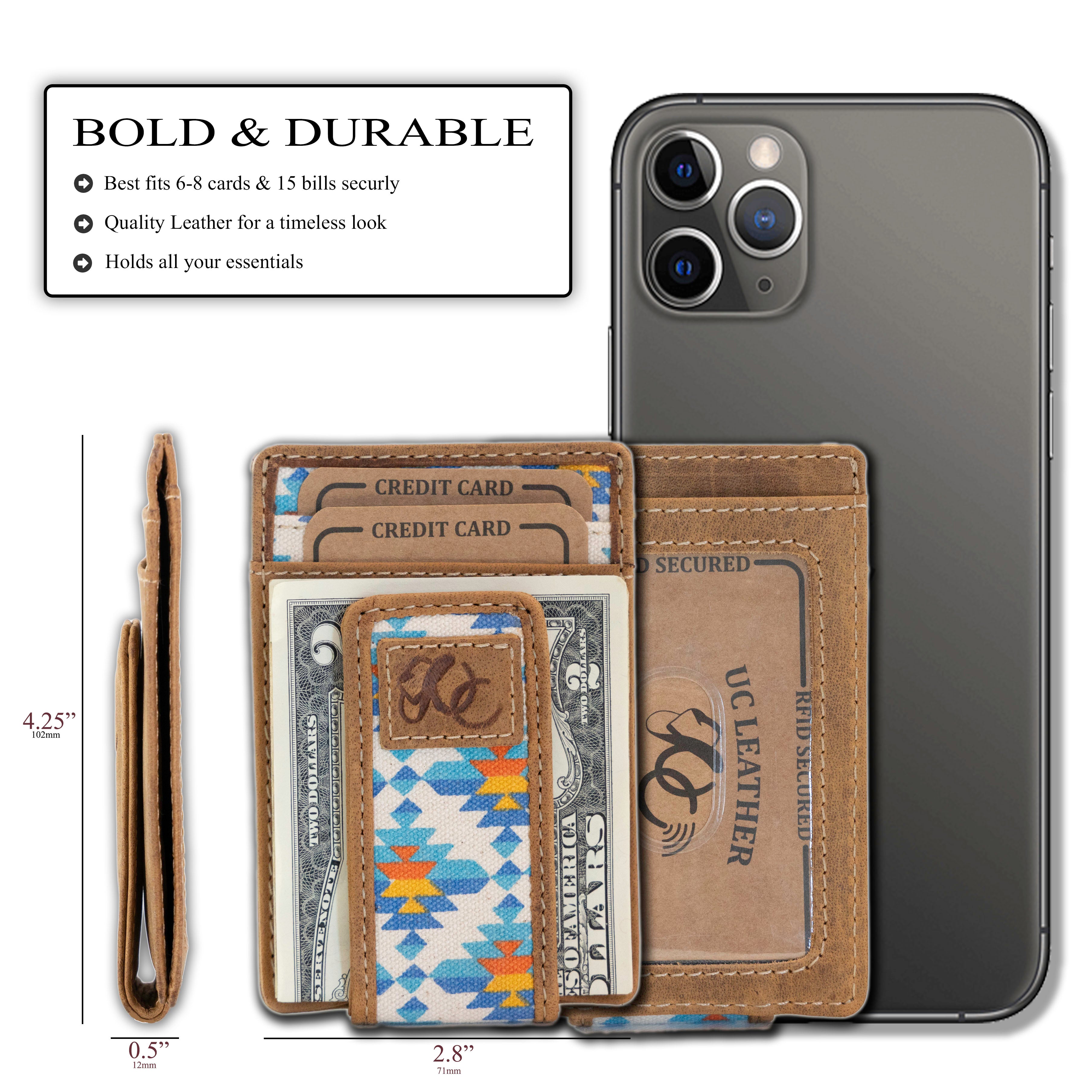 Slim front pocket wallet with aztec canvas and full grain leather, RFID protection, magnetic cash clip, card slots, and rugged stitching-Aztec-size and details