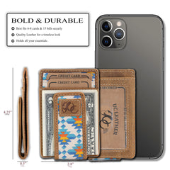 Slim front pocket wallet with aztec canvas and full grain leather, RFID protection, magnetic cash clip, card slots, and rugged stitching-Aztec-size and details