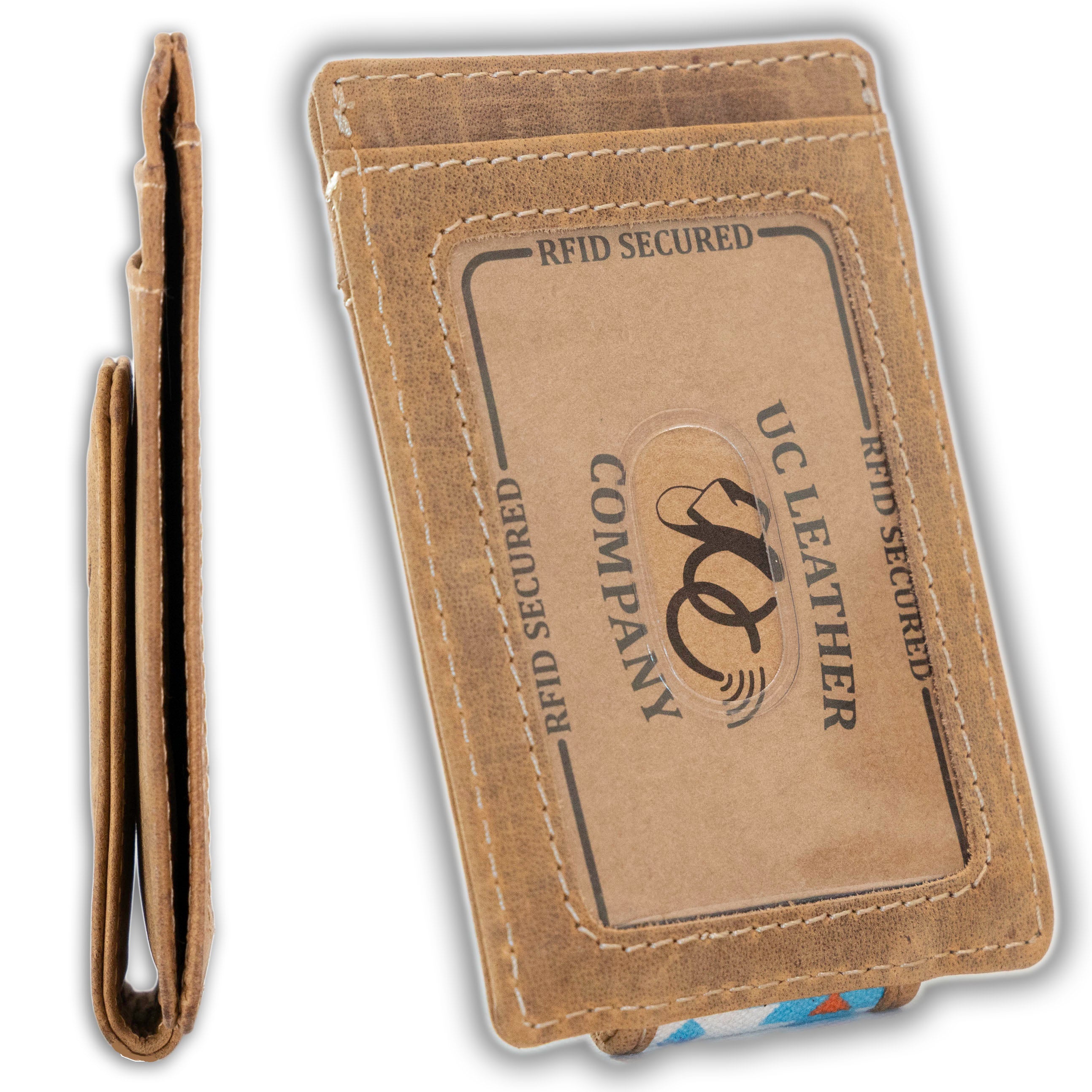 Slim front pocket wallet with aztec canvas and full grain leather, RFID protection, magnetic cash clip, card slots, and rugged stitching-Aztec- ID window