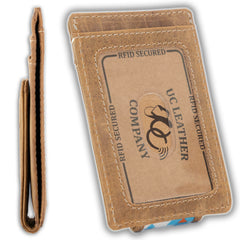 Slim front pocket wallet with aztec canvas and full grain leather, RFID protection, magnetic cash clip, card slots, and rugged stitching-Aztec- ID window