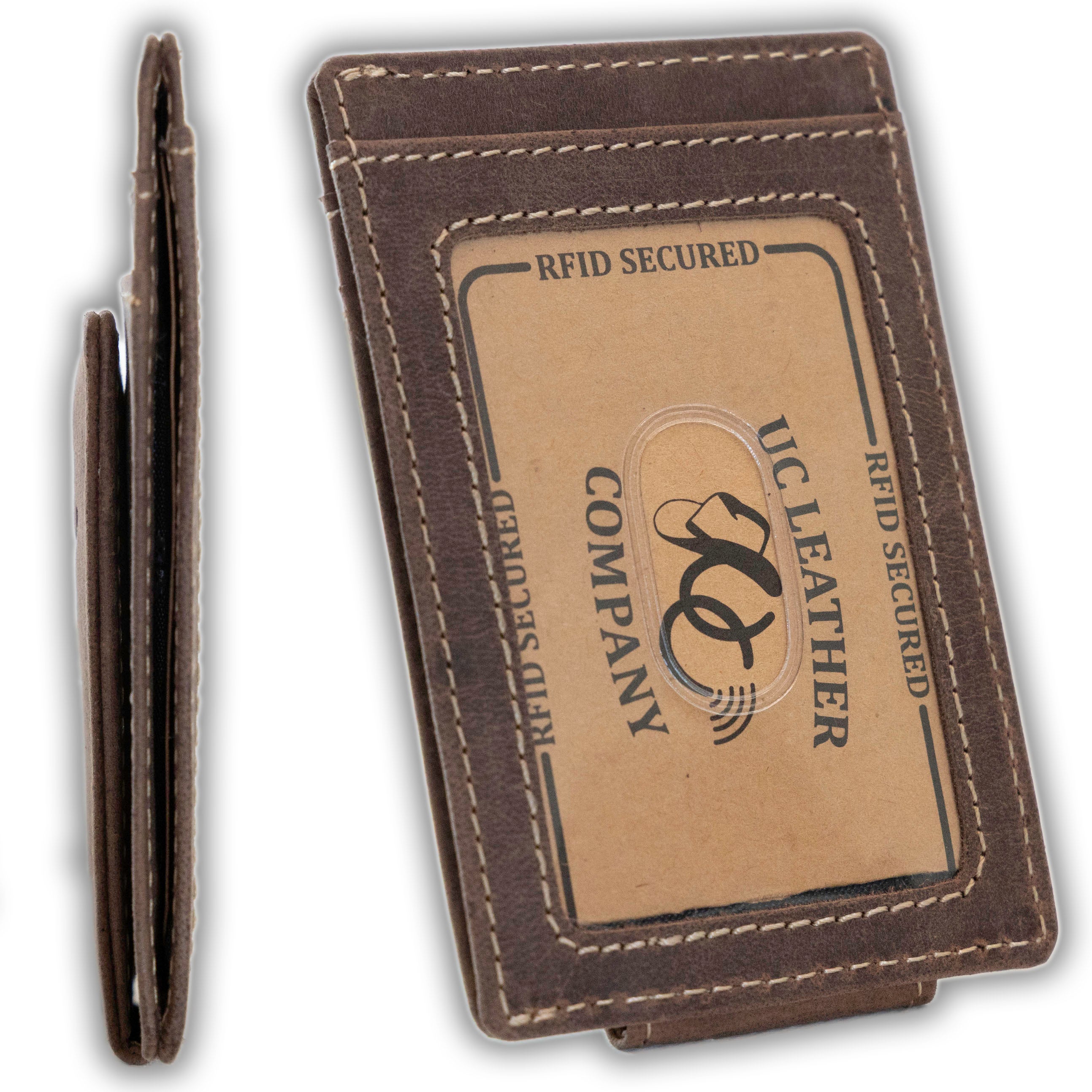 Slim front pocket wallet with full grain leather, RFID protection, magnetic cash clip, card slots, and rugged stitching-Dark Brown-Id window