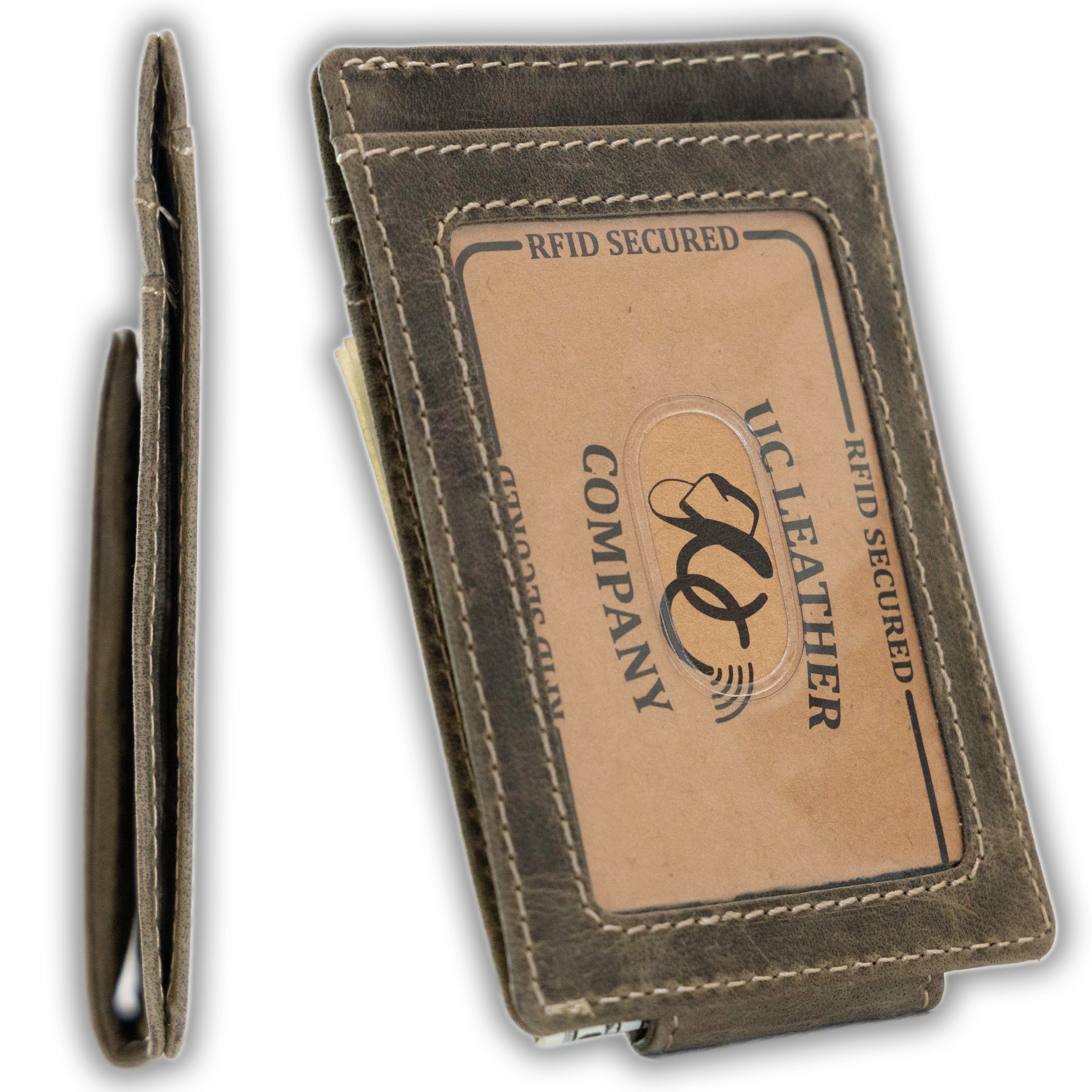 Slim front pocket wallet with full grain leather, RFID protection, magnetic cash clip, card slots, and rugged stitching-Olive-Id window