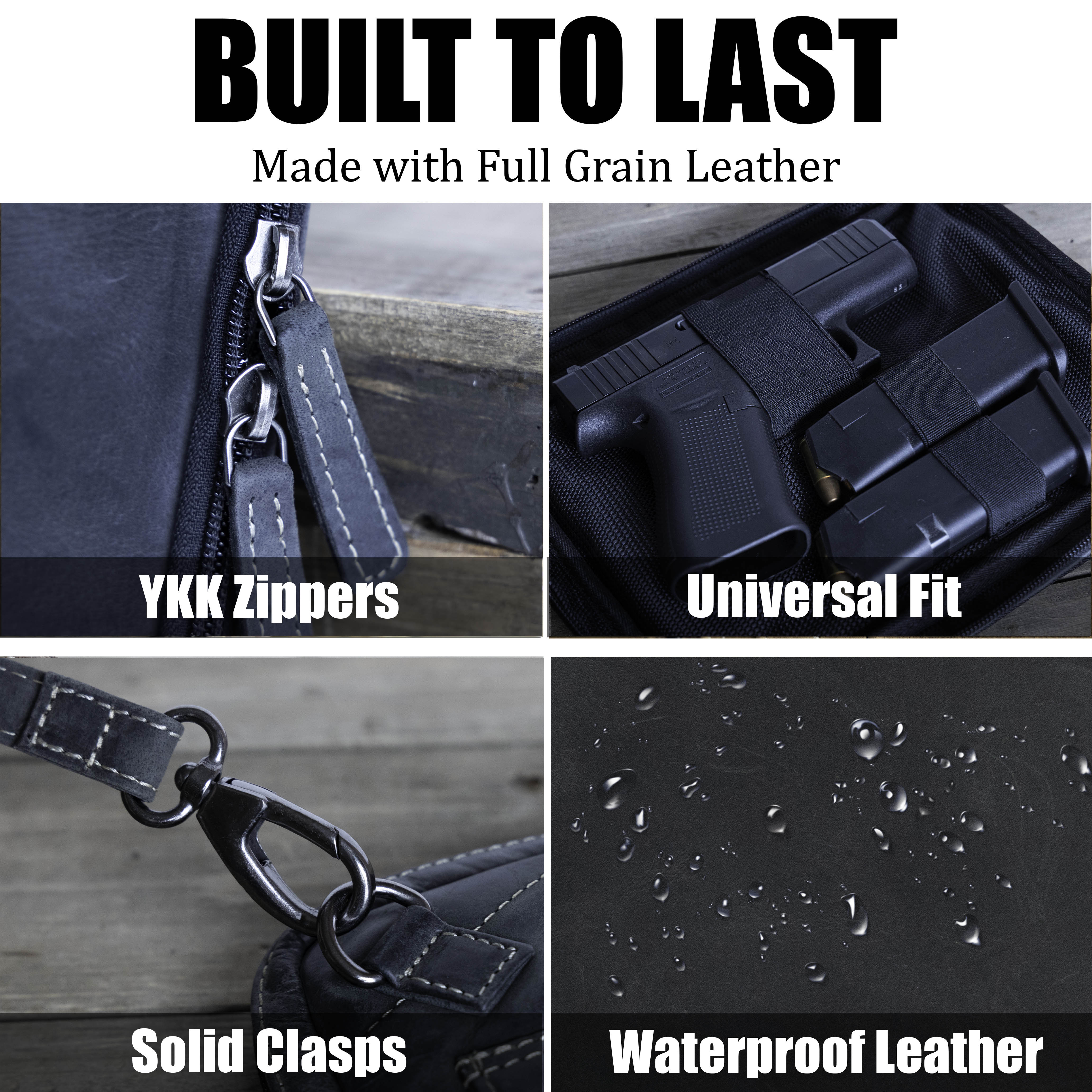 Leather Gun holster pouch for handguns up to 8 inches long with detail functionality-Black