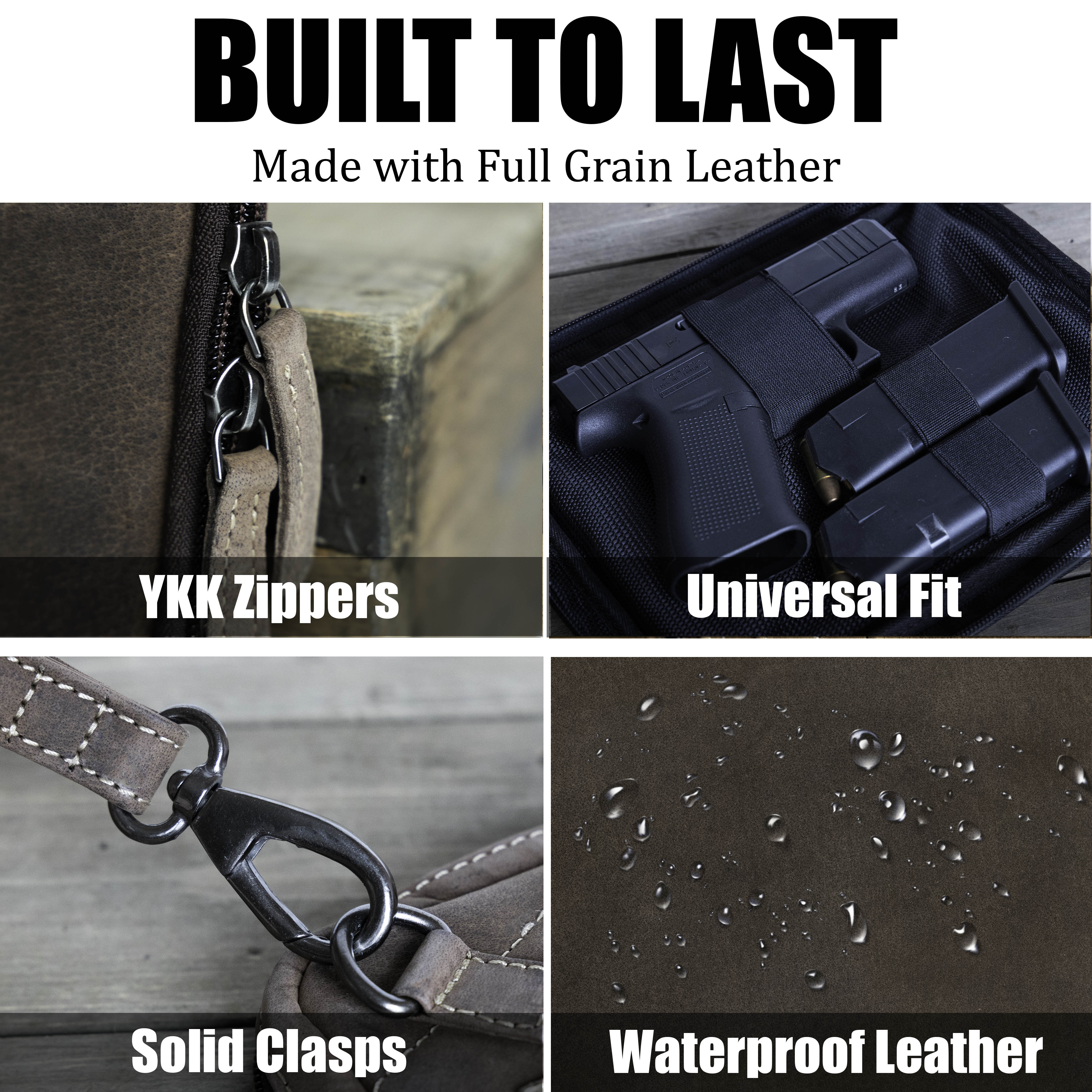 Leather Gun holster pouch for handguns up to 8 inches long with detail functionality- Drk Brown