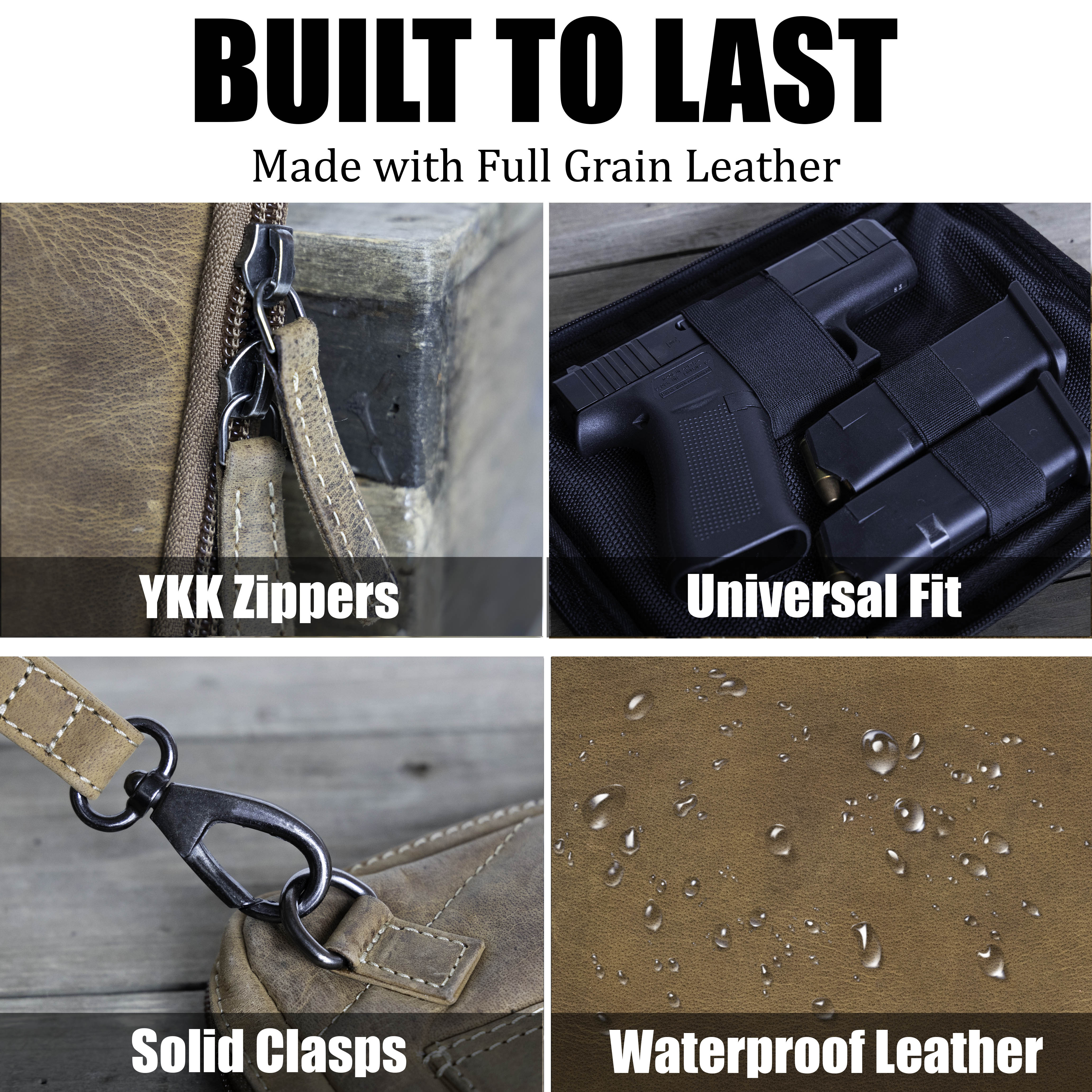 Leather Gun holster pouch for handguns up to 8 inches long with detailed functionality-brown