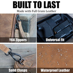 Leather Gun holster pouch for handguns up to 8 inches long with detailed functionality-brown